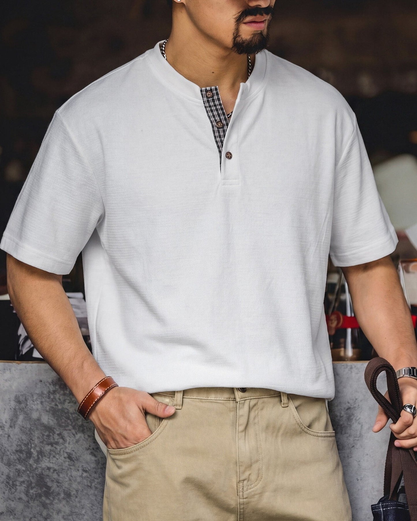 Henley Neck Relaxed Plaid-Trimmed Waffle T-Shirt 2color 【ACT0108】