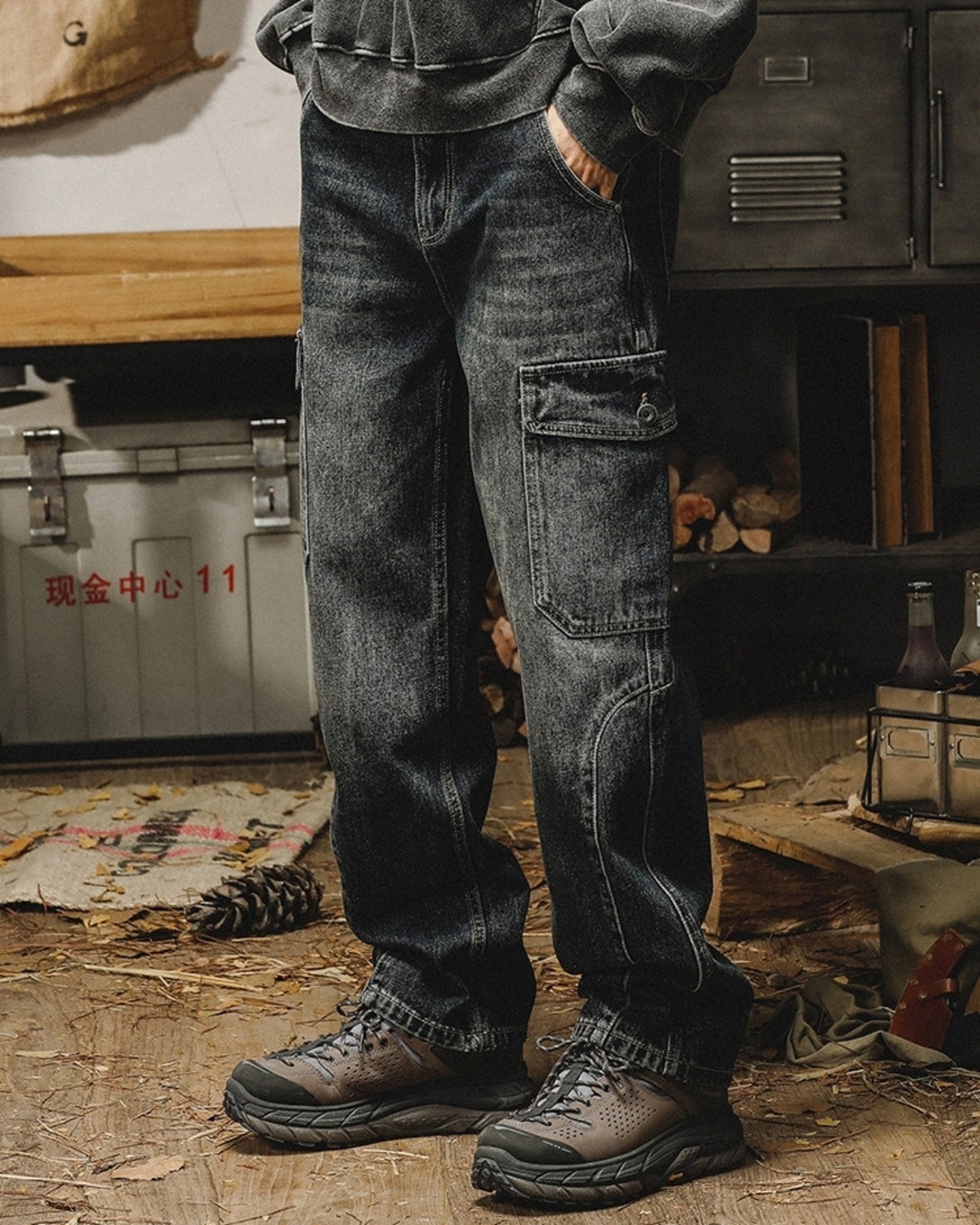 heavy weight vintage cargo denim pants 【ACT0196】