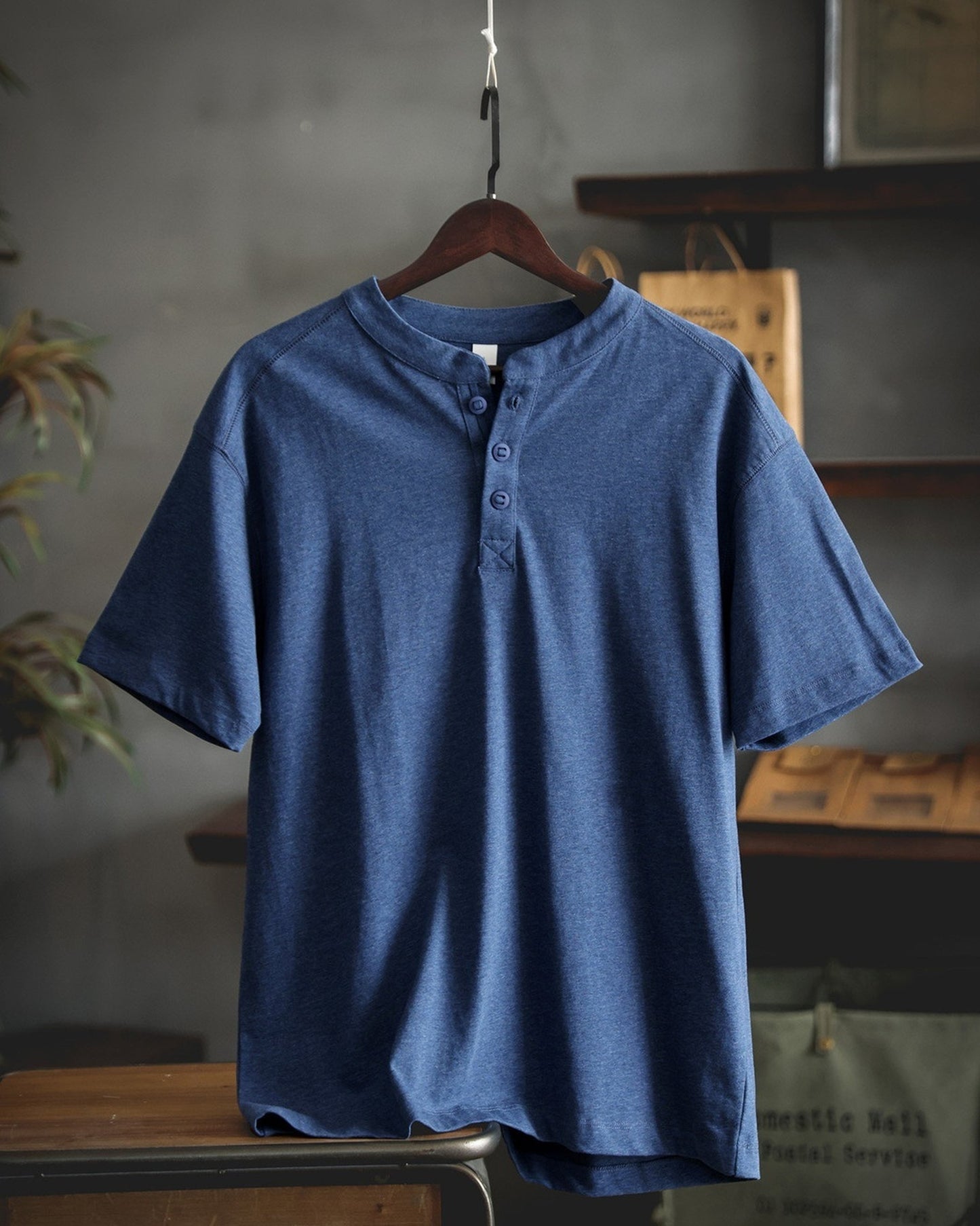 Short-Sleeve Cotton Henley-Neck Loose Casual T-Shirt 2color 【ACT0125】