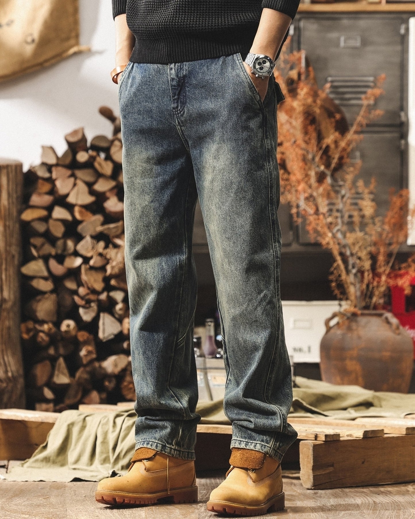 vintage wash loose straight cargo denim pants 2color 【ACT0223】