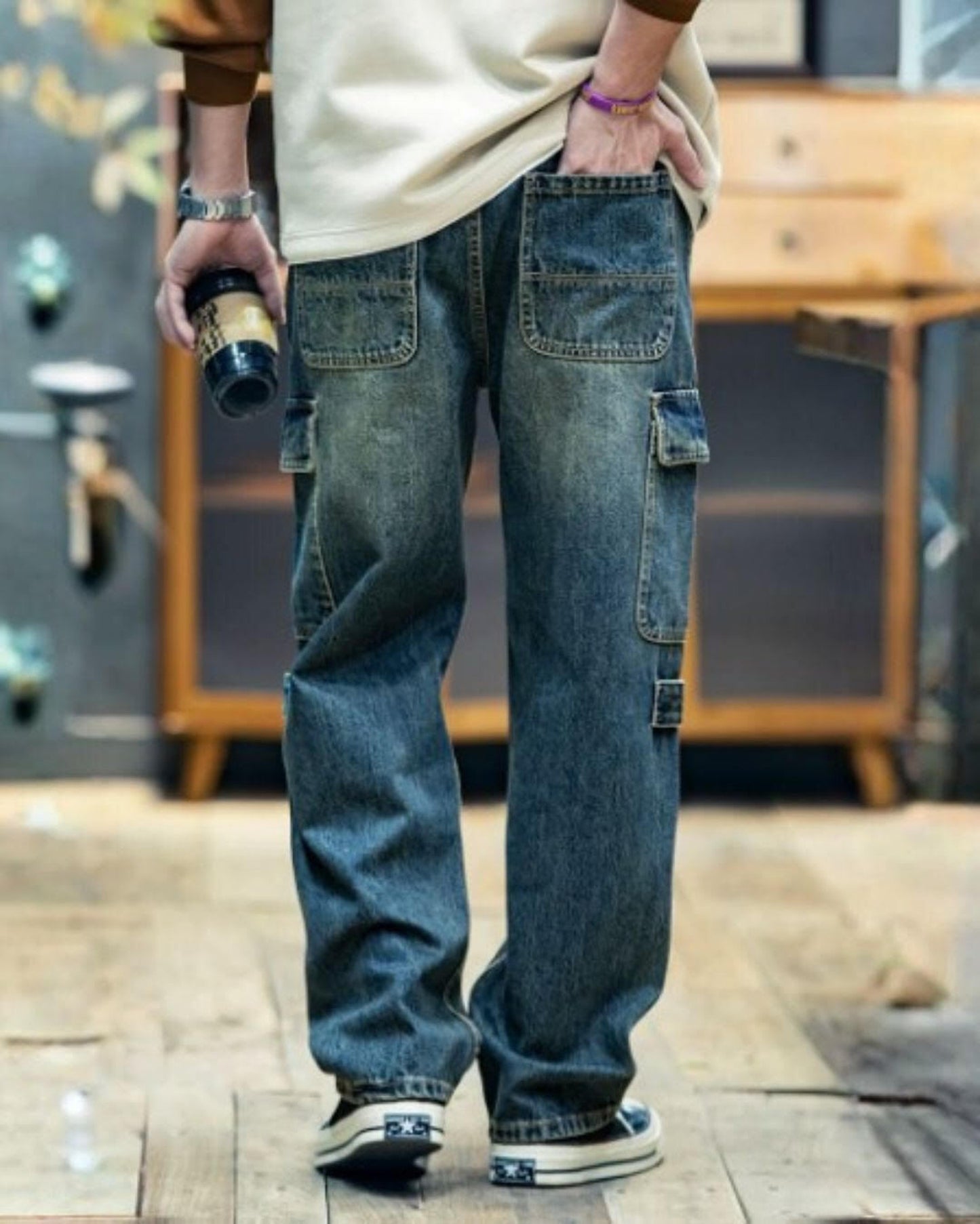 drawcord patch pocket wide denim pants 【ACT0024】