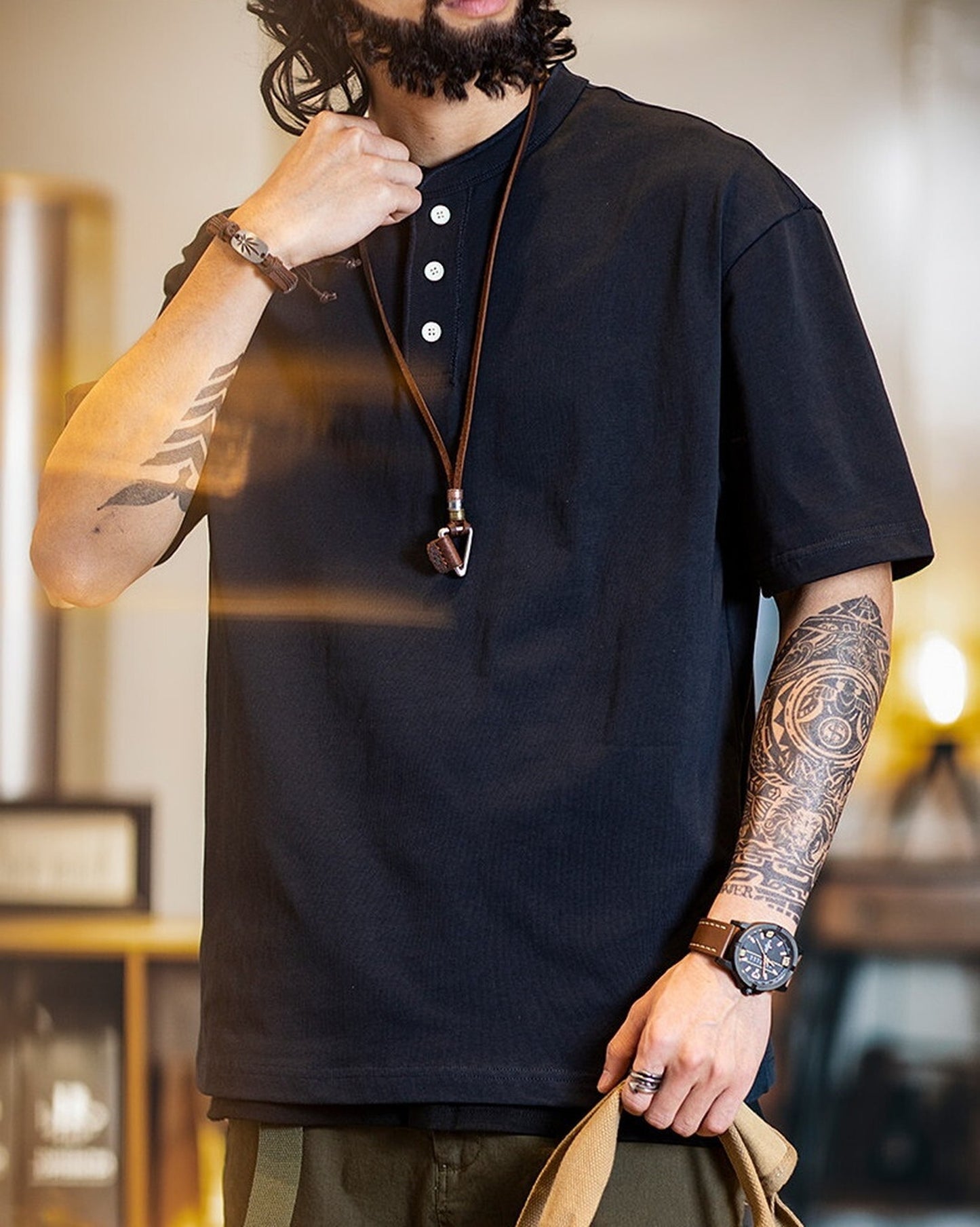 Henley-Neck Casual Loose Short-Sleeve T-Shirt 4color 【ACT0076】