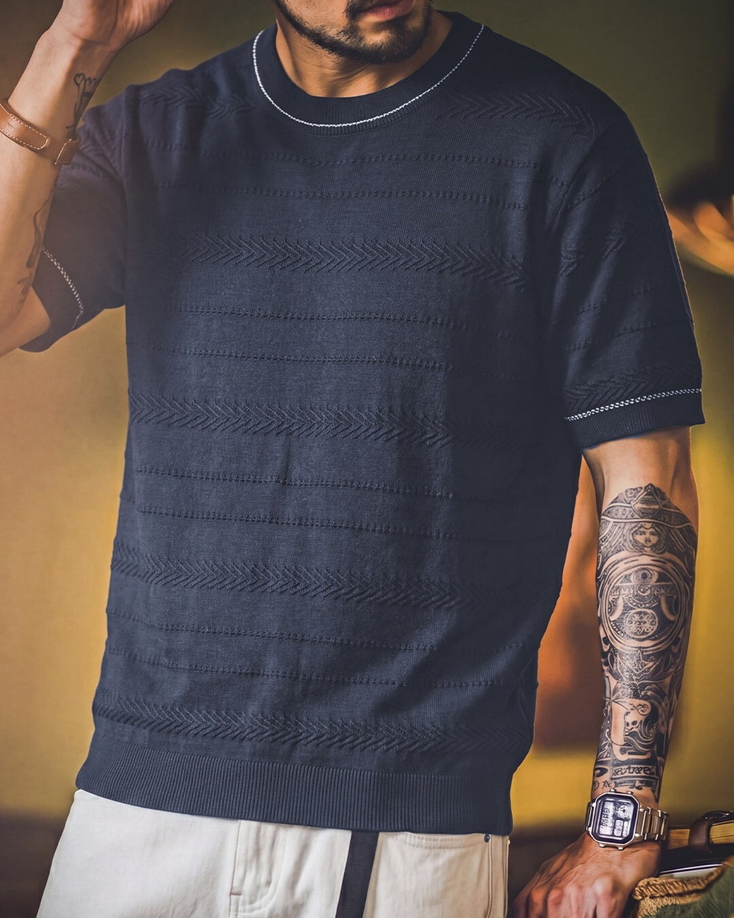 Pattern-Knit Contrast-Trim Loose Casual Knit-Shirt 3color 【ACT0086】