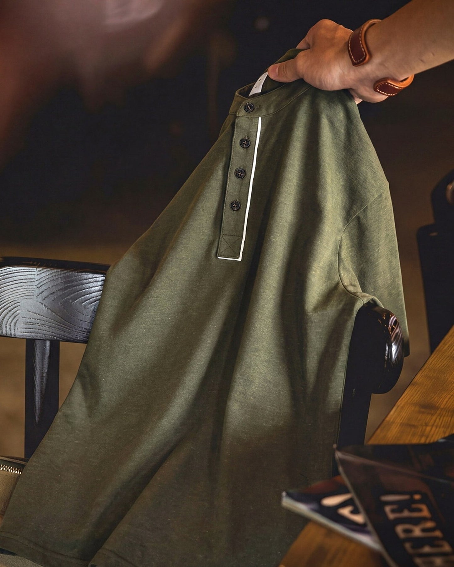 Linen-Blend Piping Relaxed Henley Neck T-Shirt 【ACT0113】