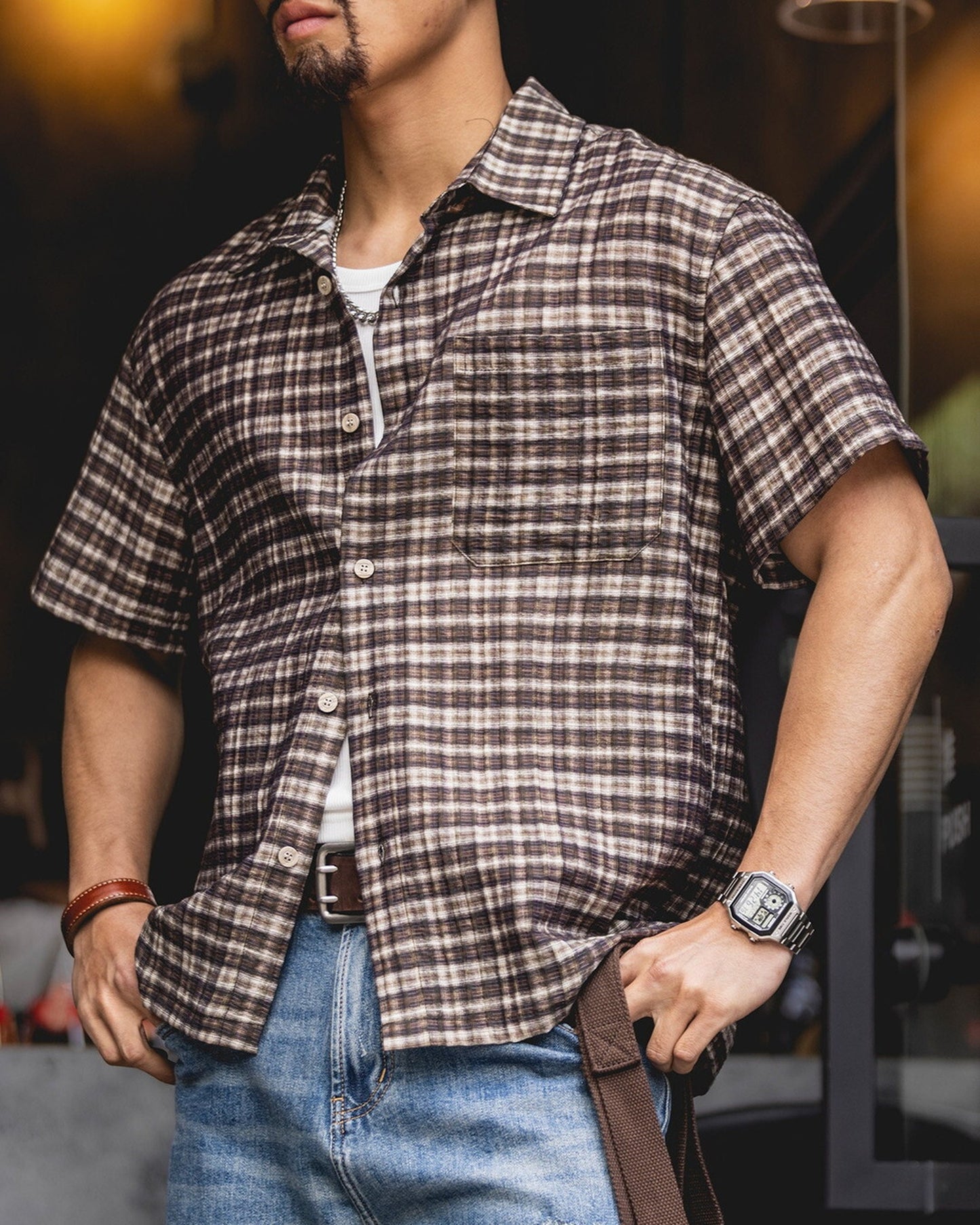 Classic-Check Pocket Loose Casual Short-Sleeve Shirt 【ACT0130】