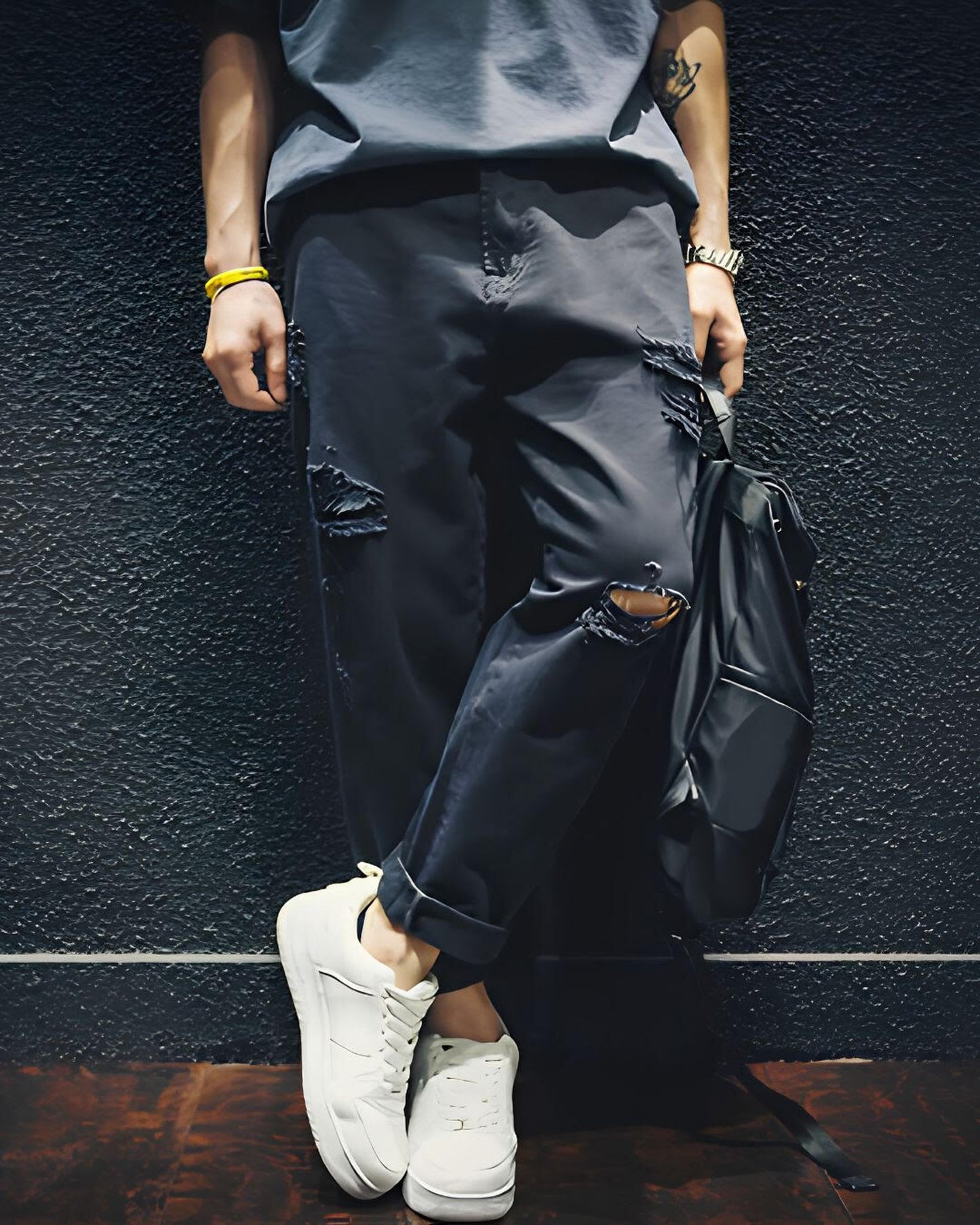 damage processed wide tapered denim pants 【ACT0020】