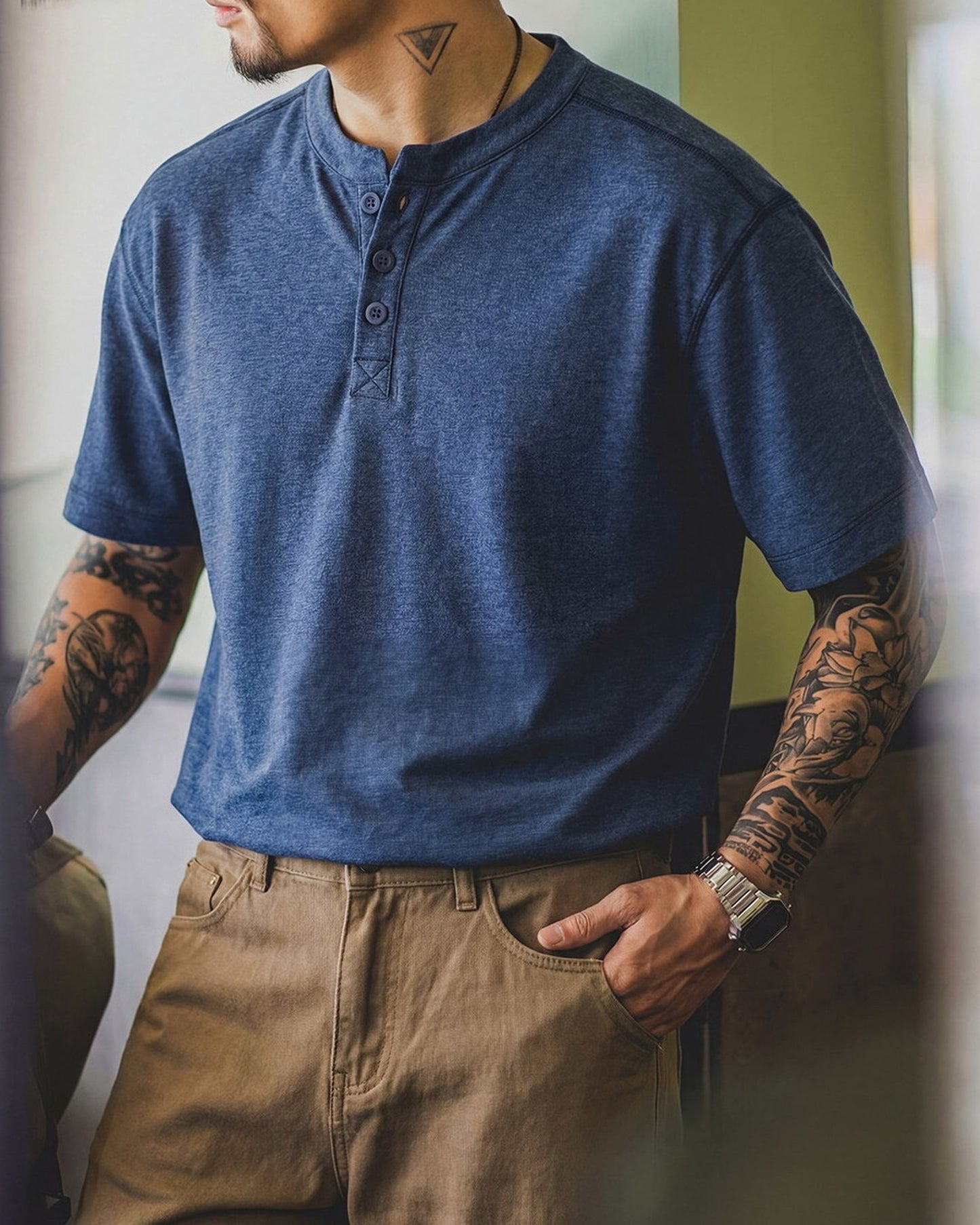 Short-Sleeve Cotton Henley-Neck Loose Casual T-Shirt 2color 【ACT0125】