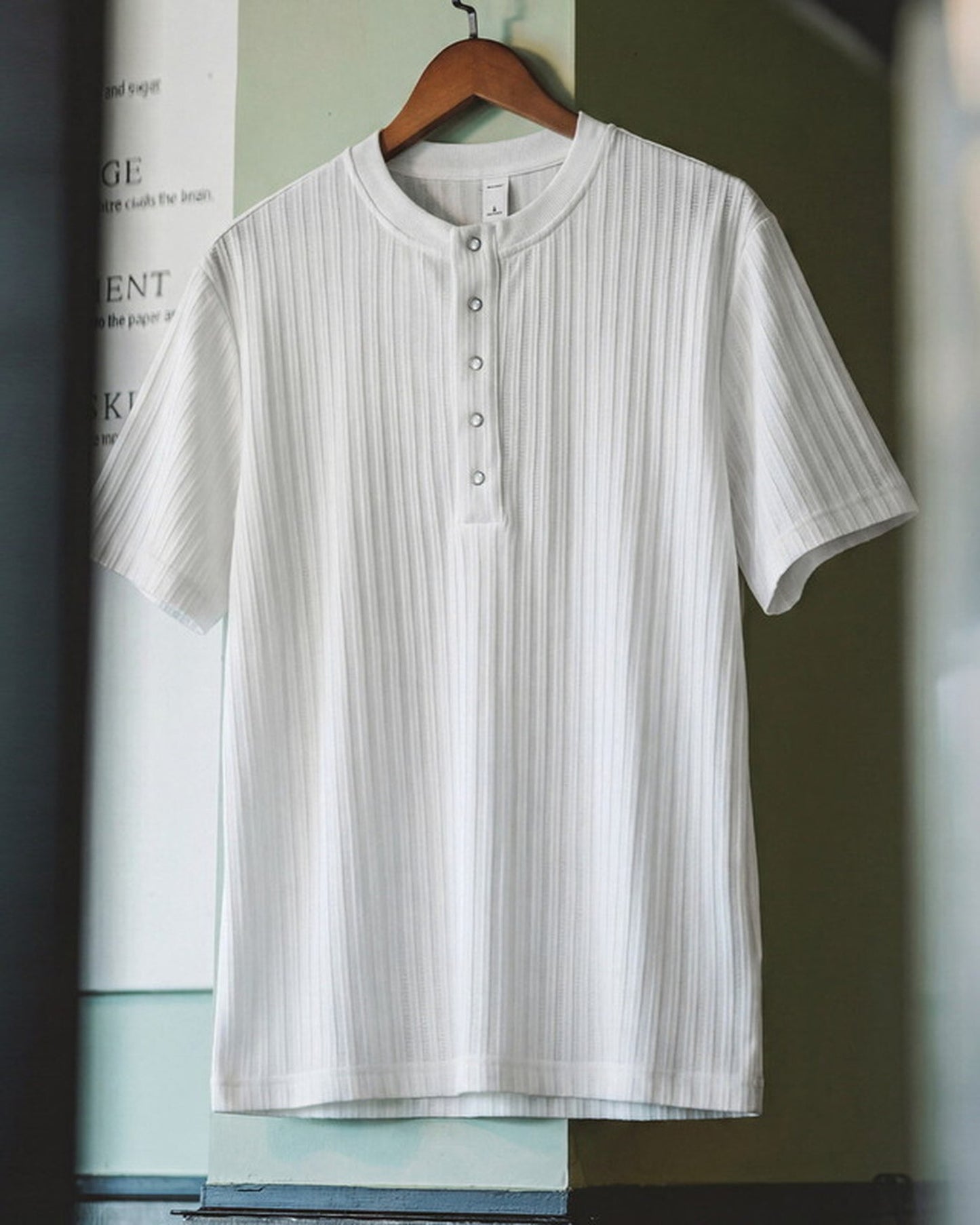 Vintage Ribbed-Knit Henley-Neck Casual T-Shirt 2color 【ACT0098】