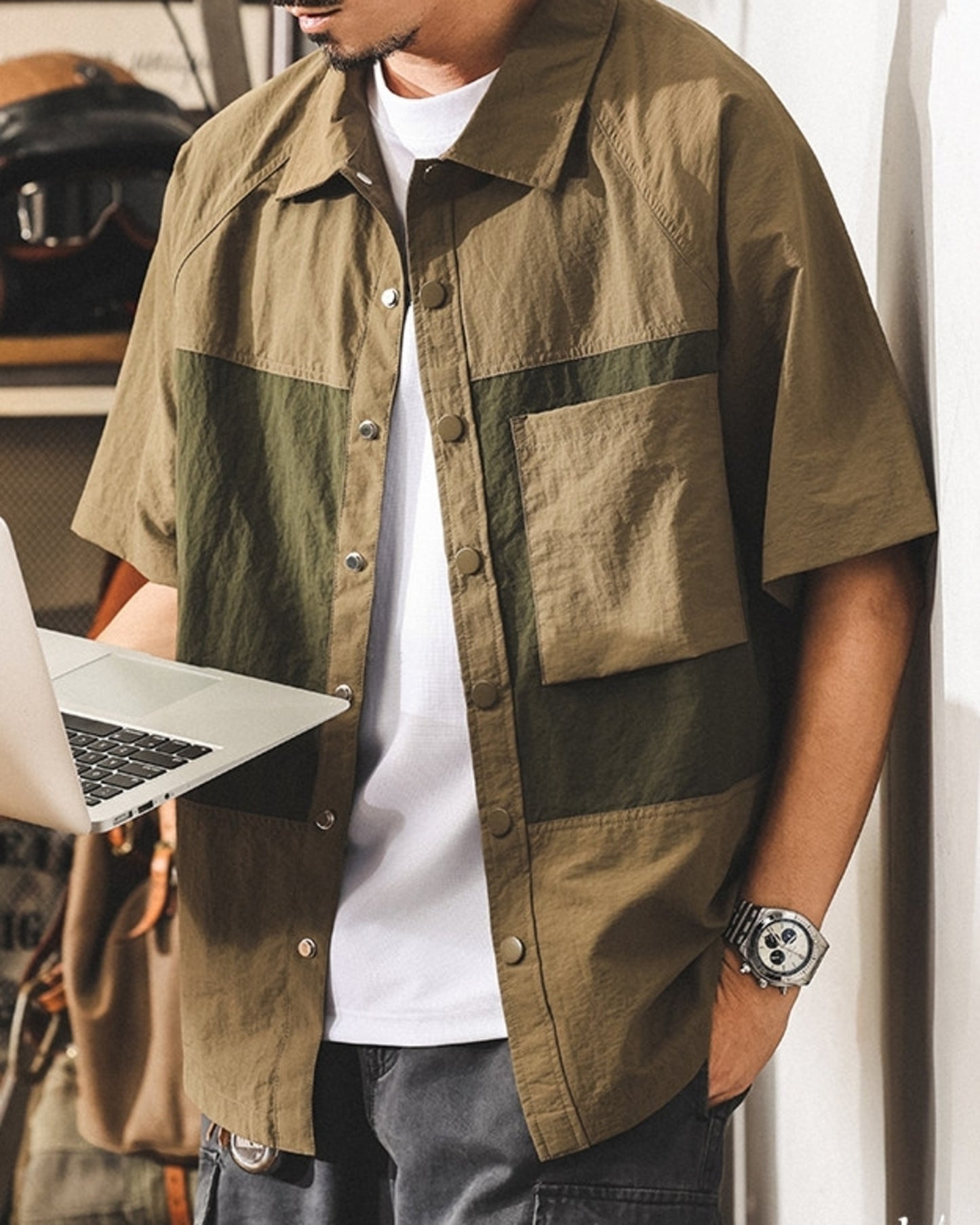color block quick-dry utility cargo shirt 2color 【ACT0237】