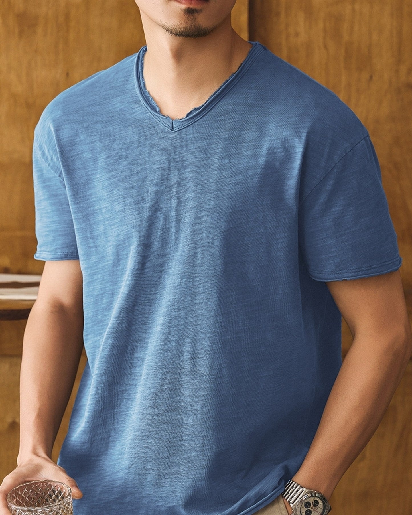american retro slub cotton v-neck short sleeve t-shirt 7color 【ACT0160】