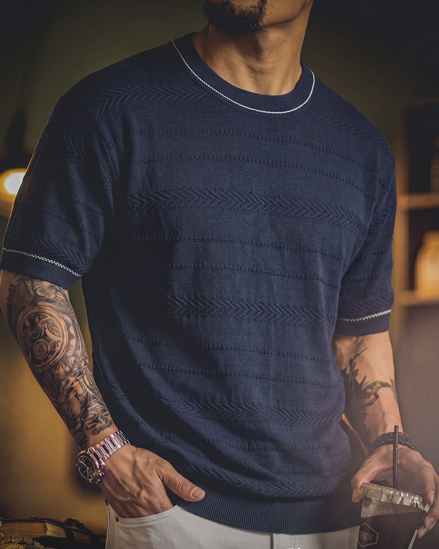 Pattern-Knit Contrast-Trim Loose Casual Knit-Shirt 3color 【ACT0086】