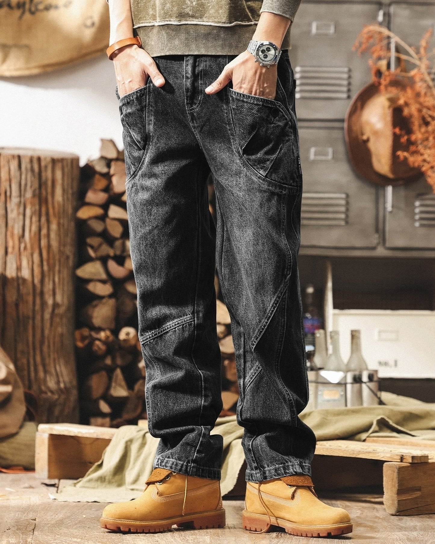 washed loose straight denim pants 2color 【ACT0205】