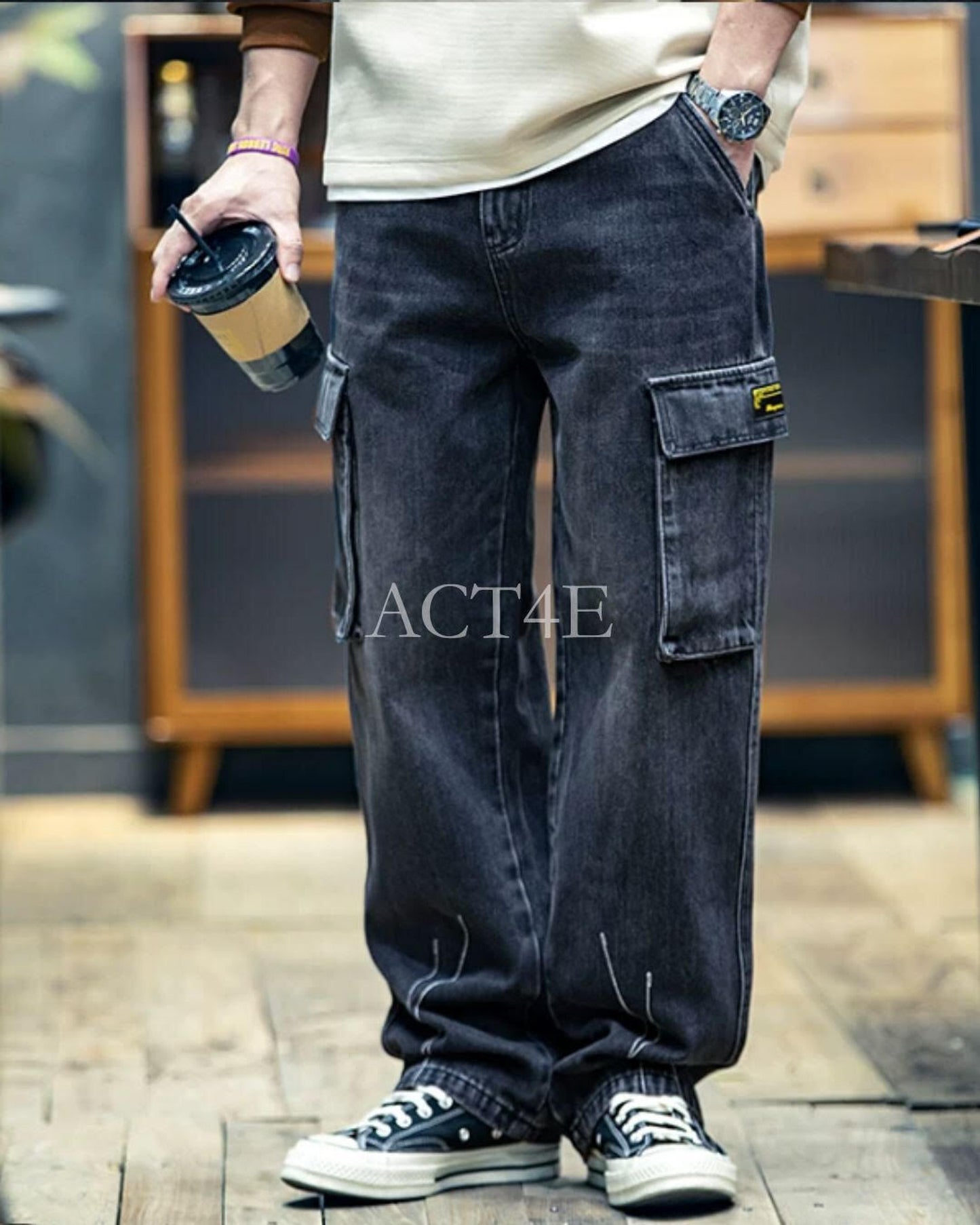 patch pocket wide denim cargo pants 【ACT0006】