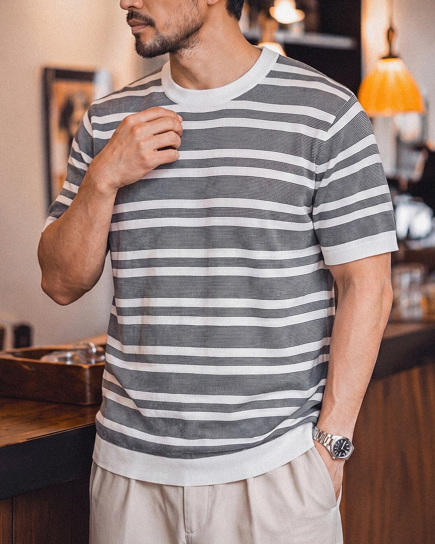 Short Sleeve Relaxed Fit Striped Crew Neck Knit T-Shirt 2color 【ACT0123】