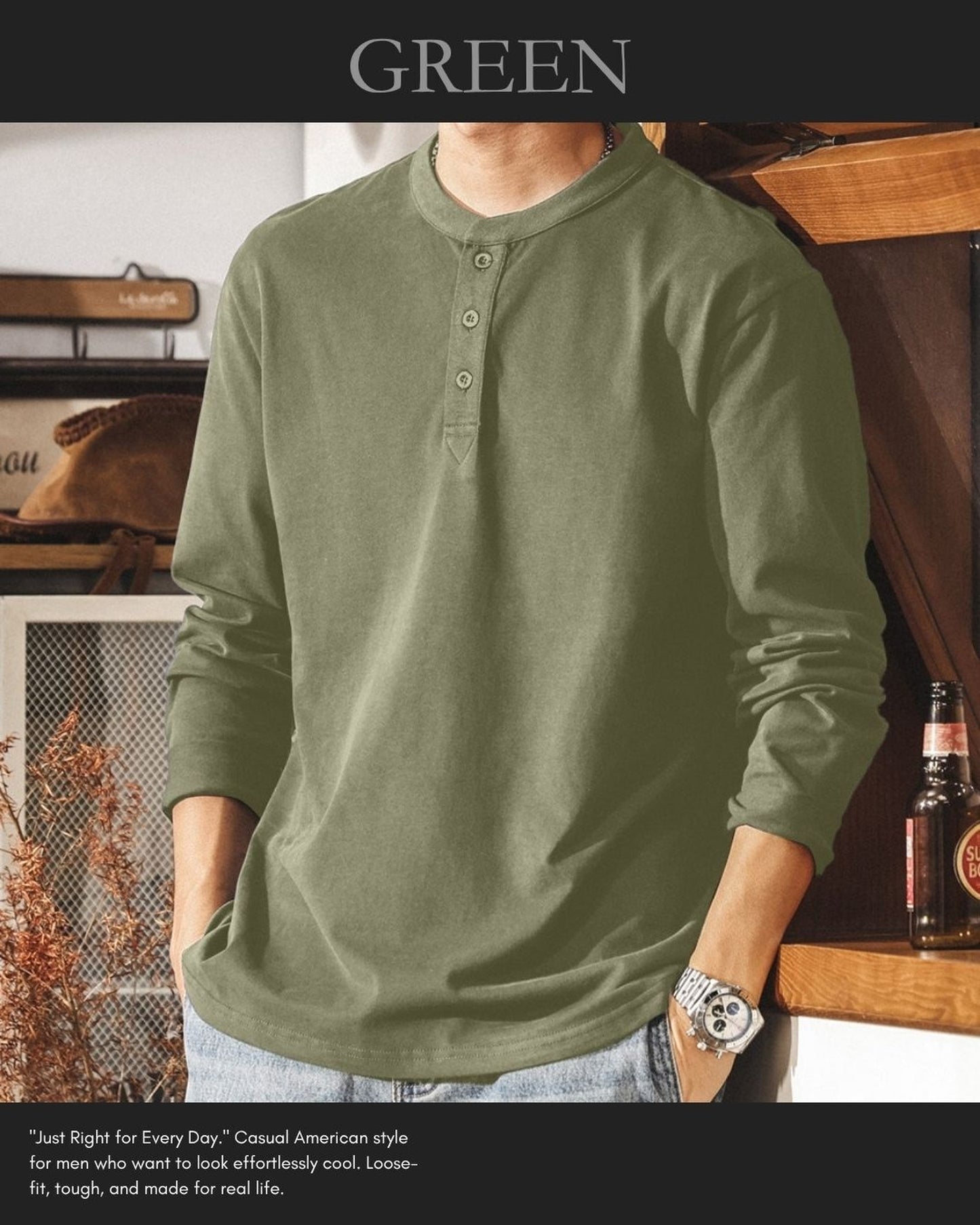 henley neck long sleeve t-shirt 5color 【ACT0244】