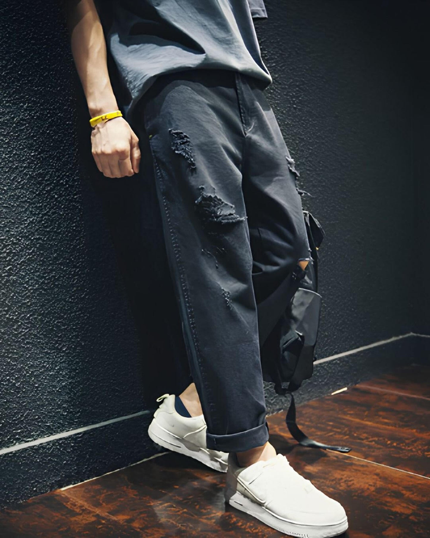damage processed wide tapered denim pants 【ACT0020】