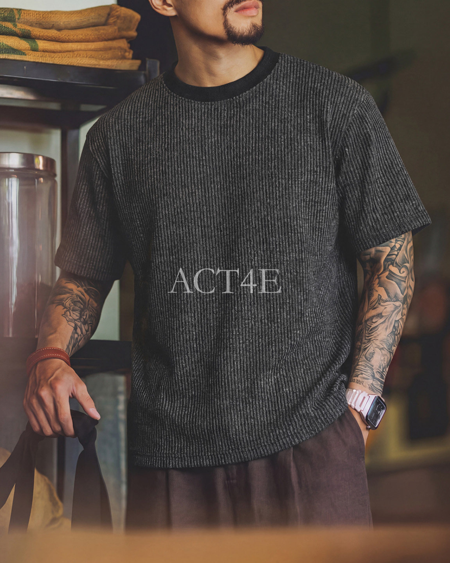 Vertical stripe rib knit t-shirt 【ACT0064】