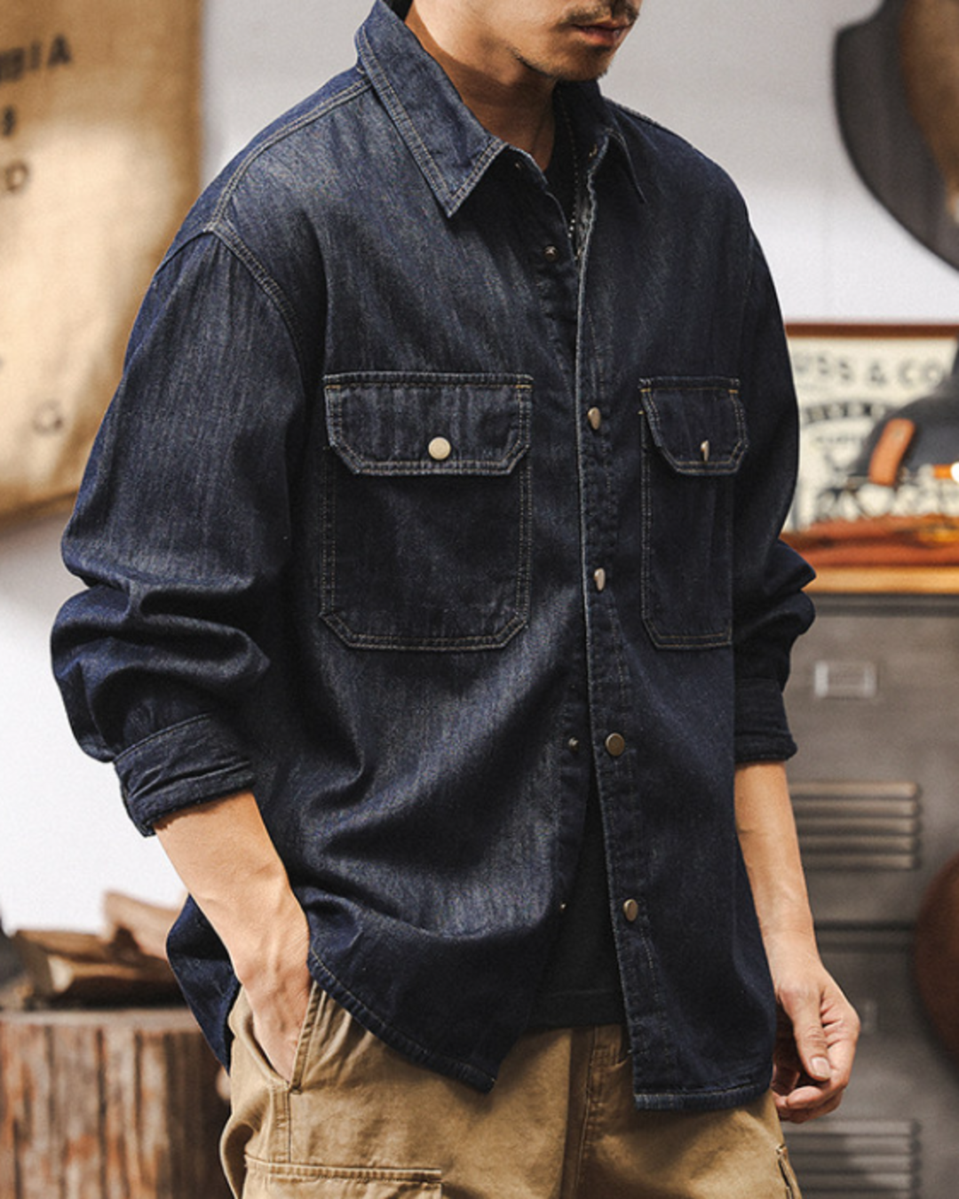 【M-4XL】vintage raw denim work shirt 【ACT0302】