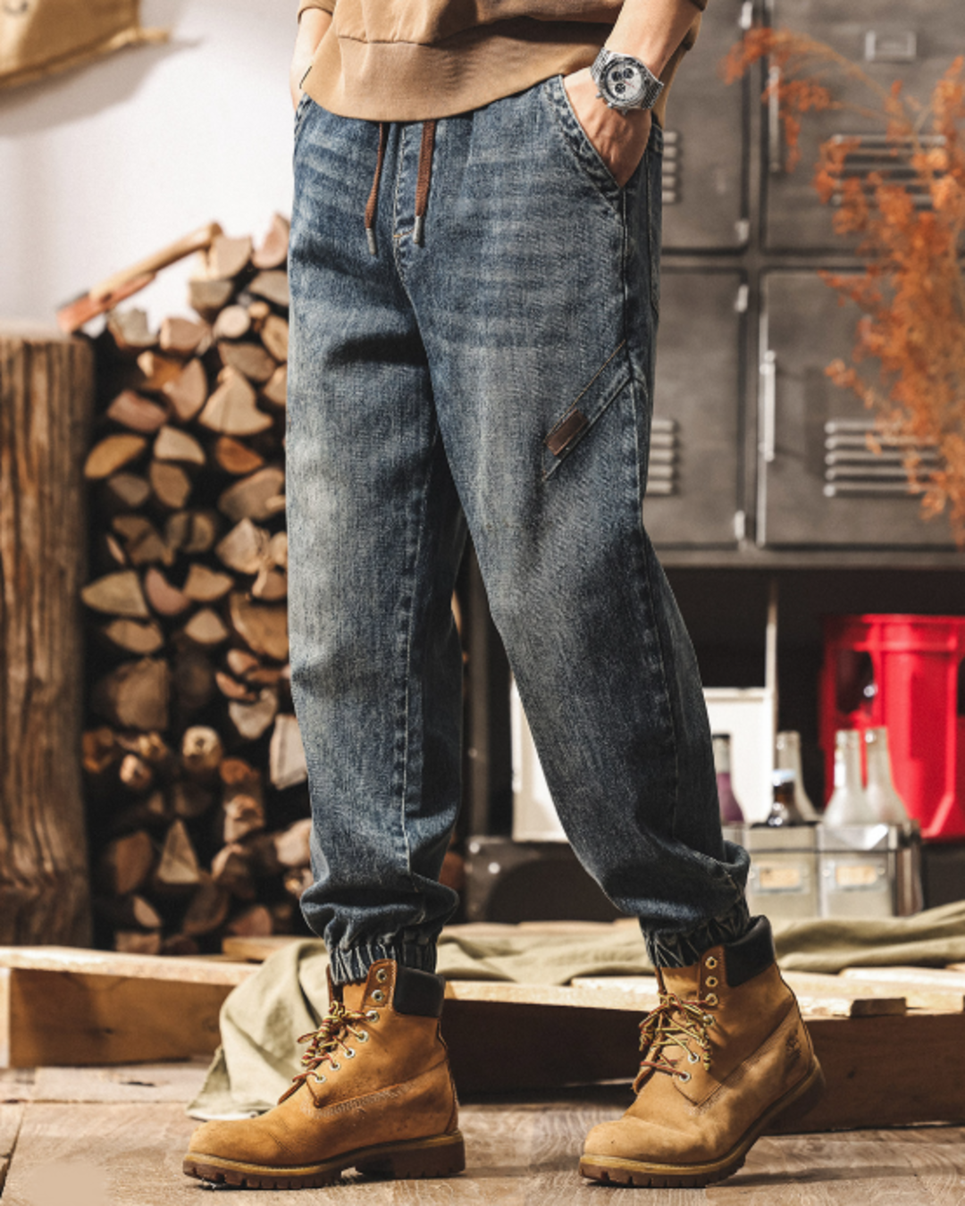 【M-4XL】vintage washed drawstring jogger denim pants 【ACT0253】