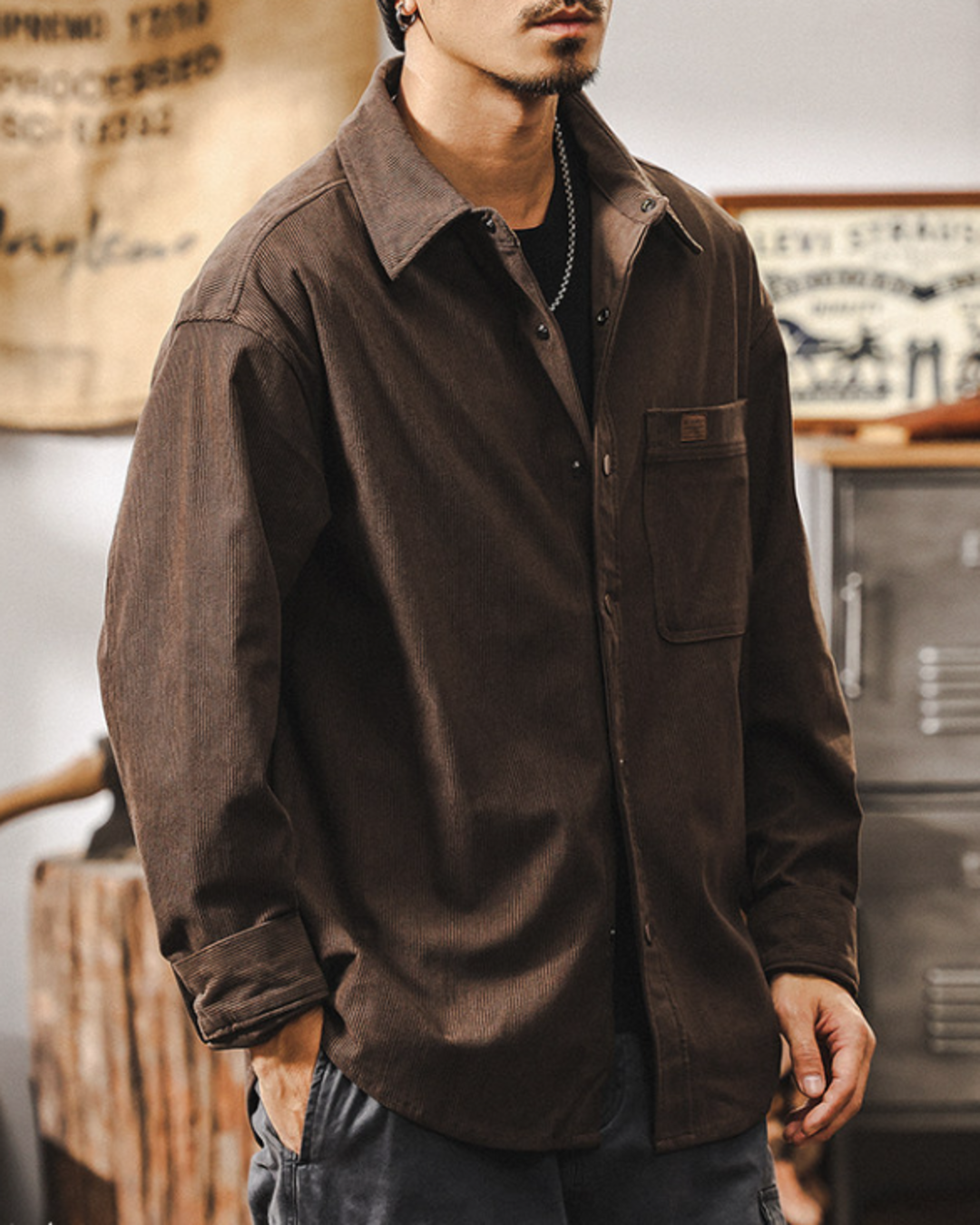 【M-4XL】relaxed fit corduroy long shirt 【ACT0299】