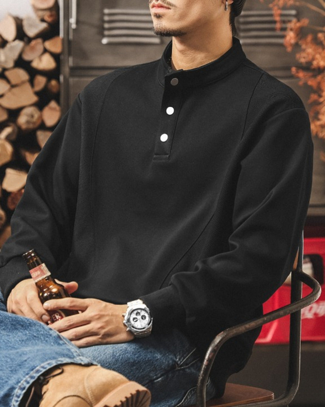 【M-4XL】henley neck vintage casual sweatshirt 【ACT0256】