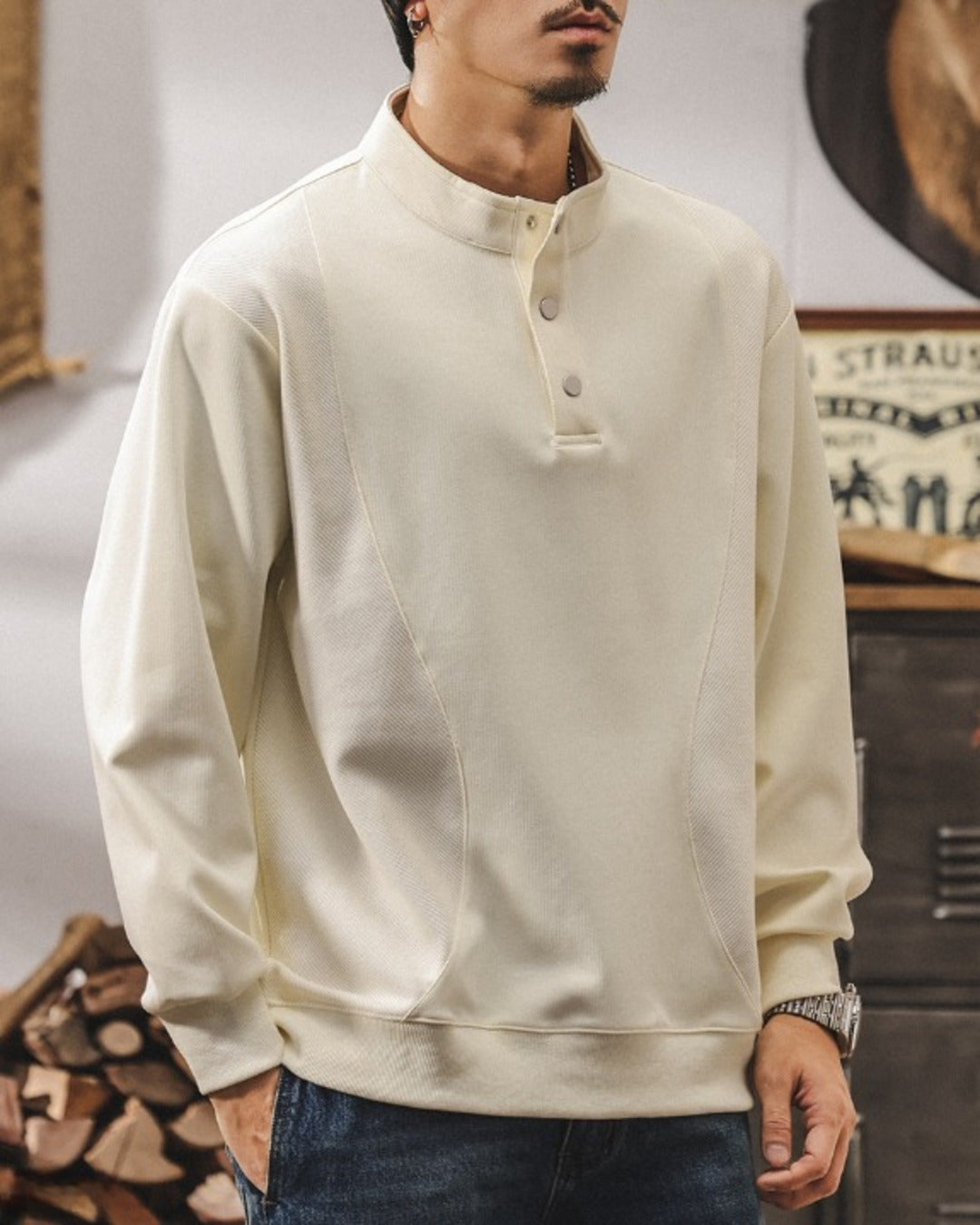 【M-4XL】retro henley neck panel sweatshirt 【ACT0265】