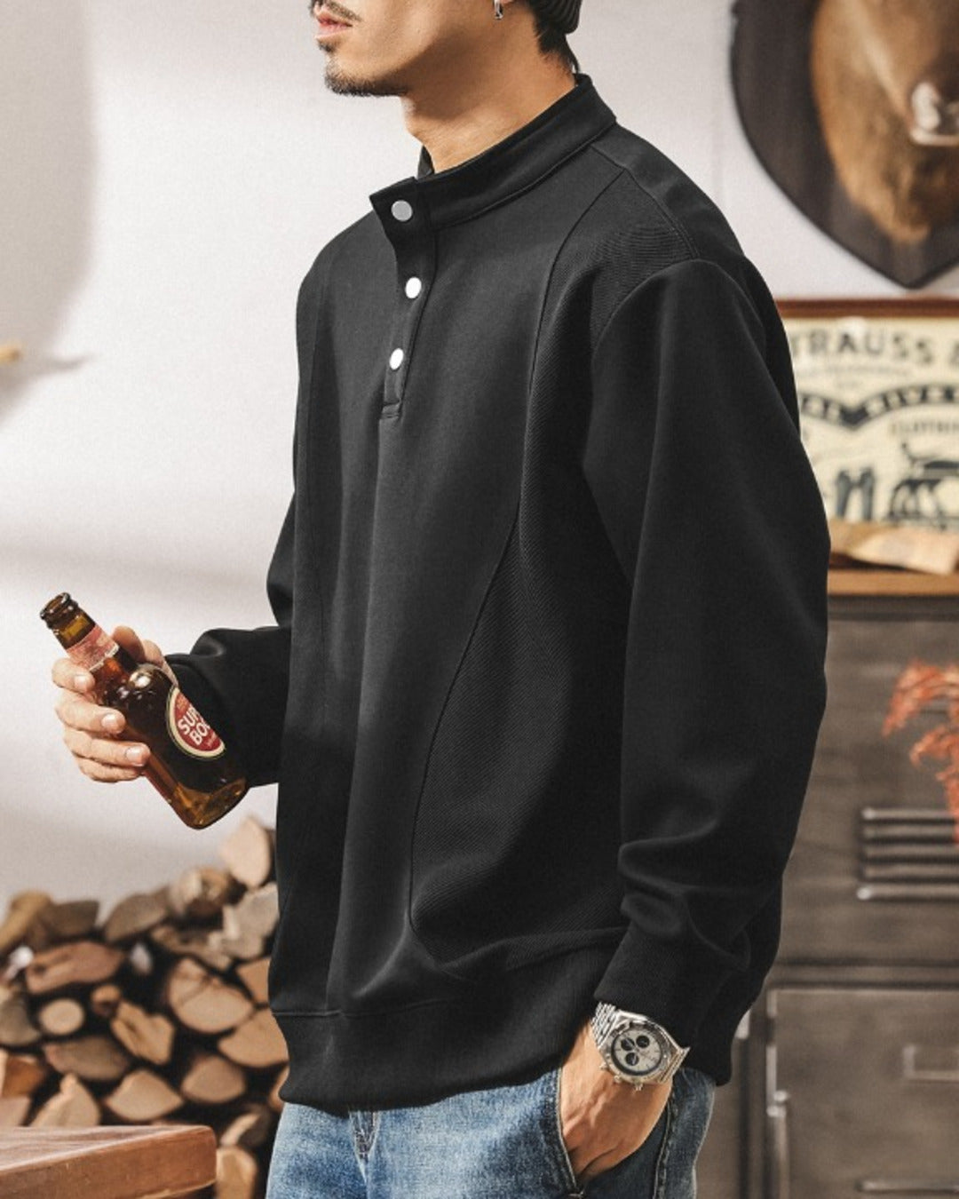 【M-4XL】henley neck vintage casual sweatshirt 【ACT0259】
