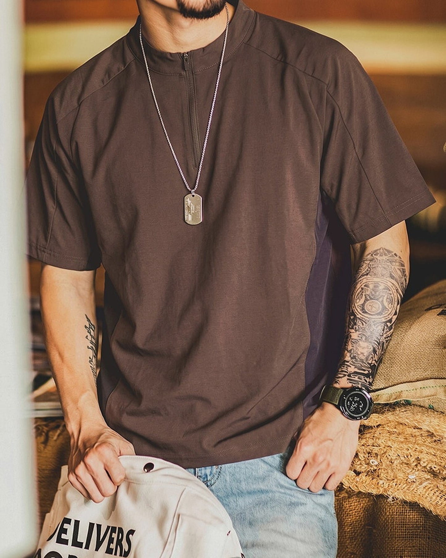 Half-Zip Coolmax-Blend Color-Block Short-Sleeve T-Shirt 【ACT0132】