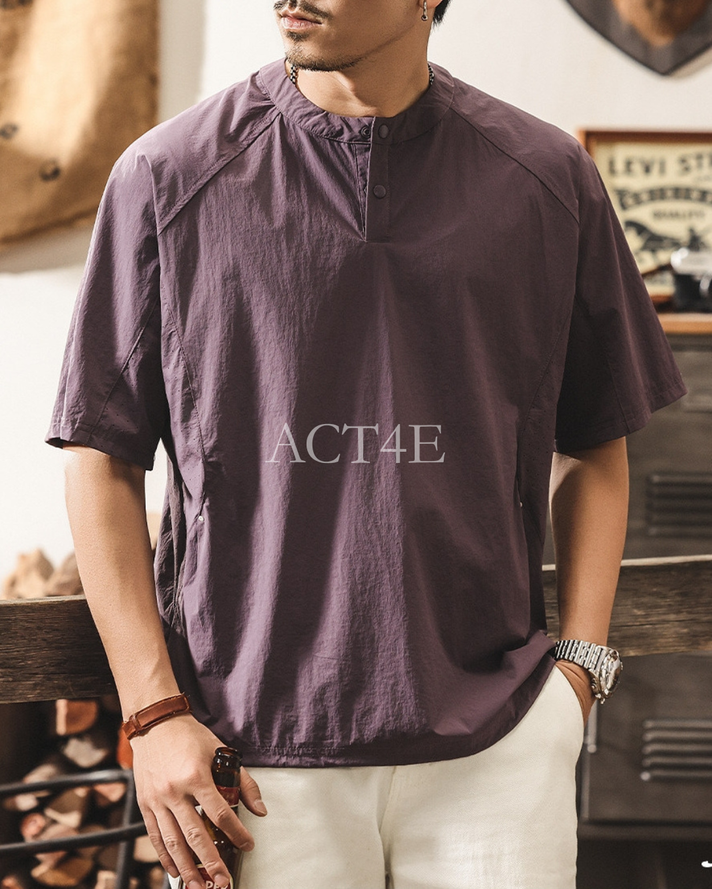 functional henley neck short sleeve t-shirt 2color 【ACT0162】