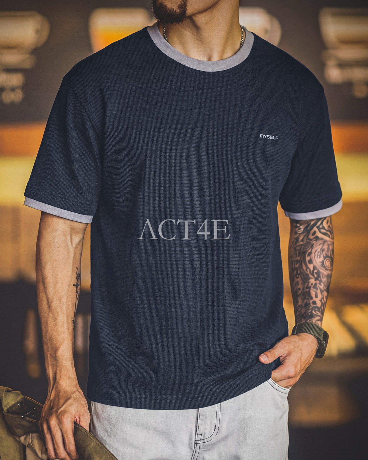 Contrast-Trim Embroidered-Logo Classic Vintage T-Shirt 【ACT0095】