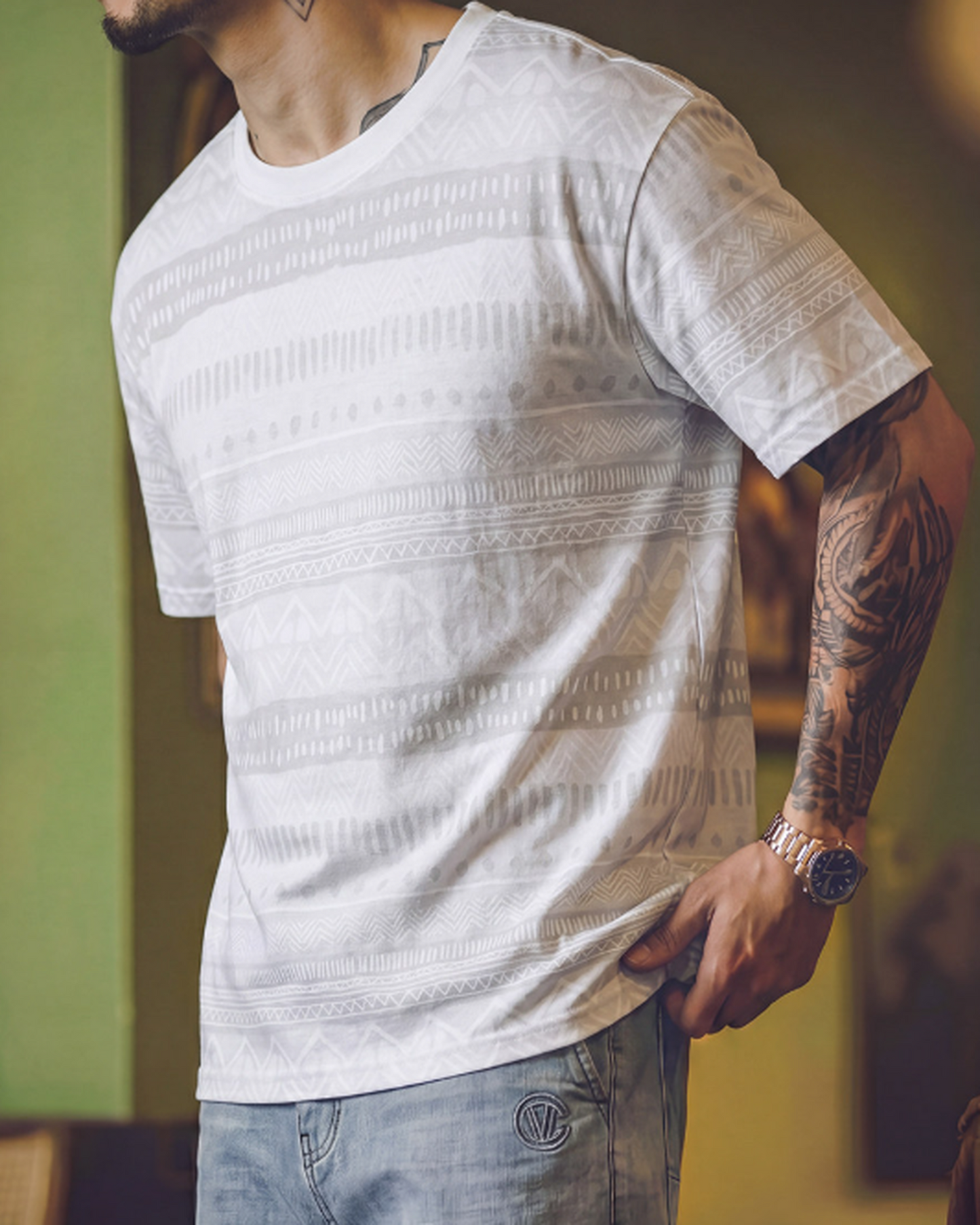 Native-Pattern Vintage Geometric Relaxed T-Shirt 2color 【ACT0103】