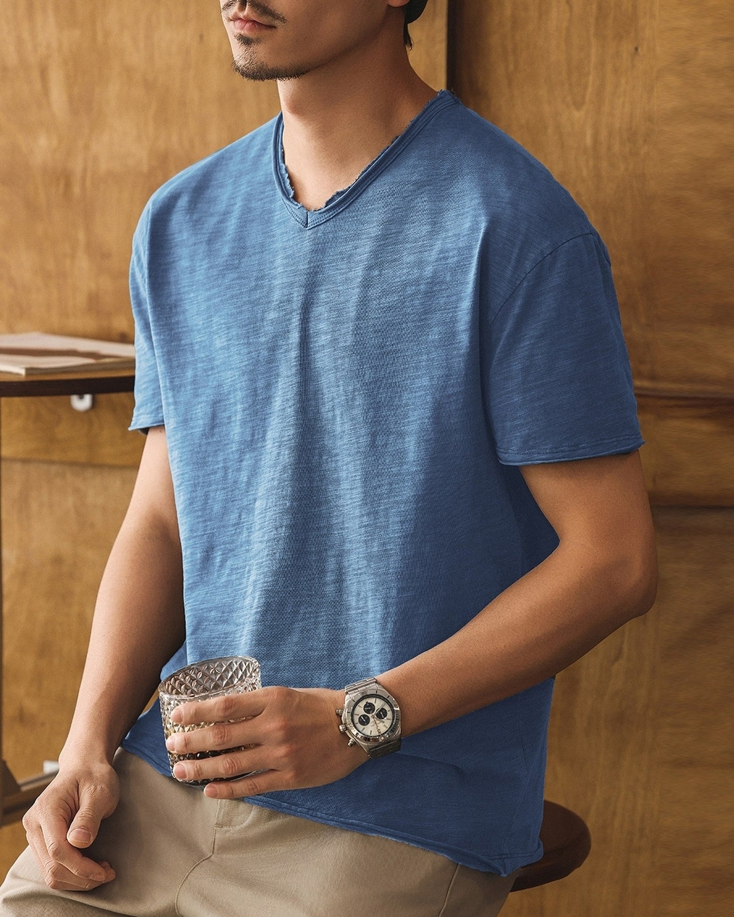 american retro slub cotton v-neck short sleeve t-shirt 7color 【ACT0160】