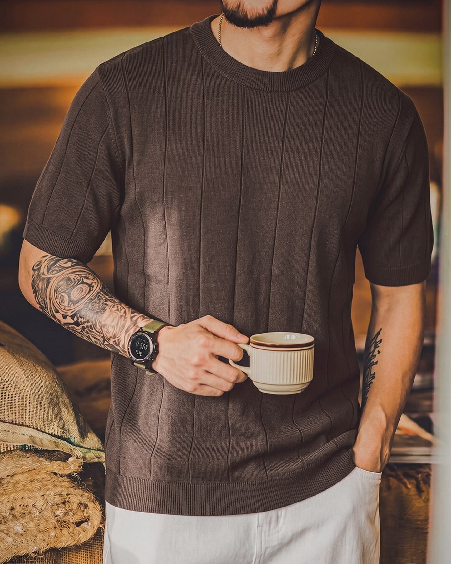 Smart-Casual Vertical-Stripe Knit Relaxed T-Shirt 4color 【ACT0101】
