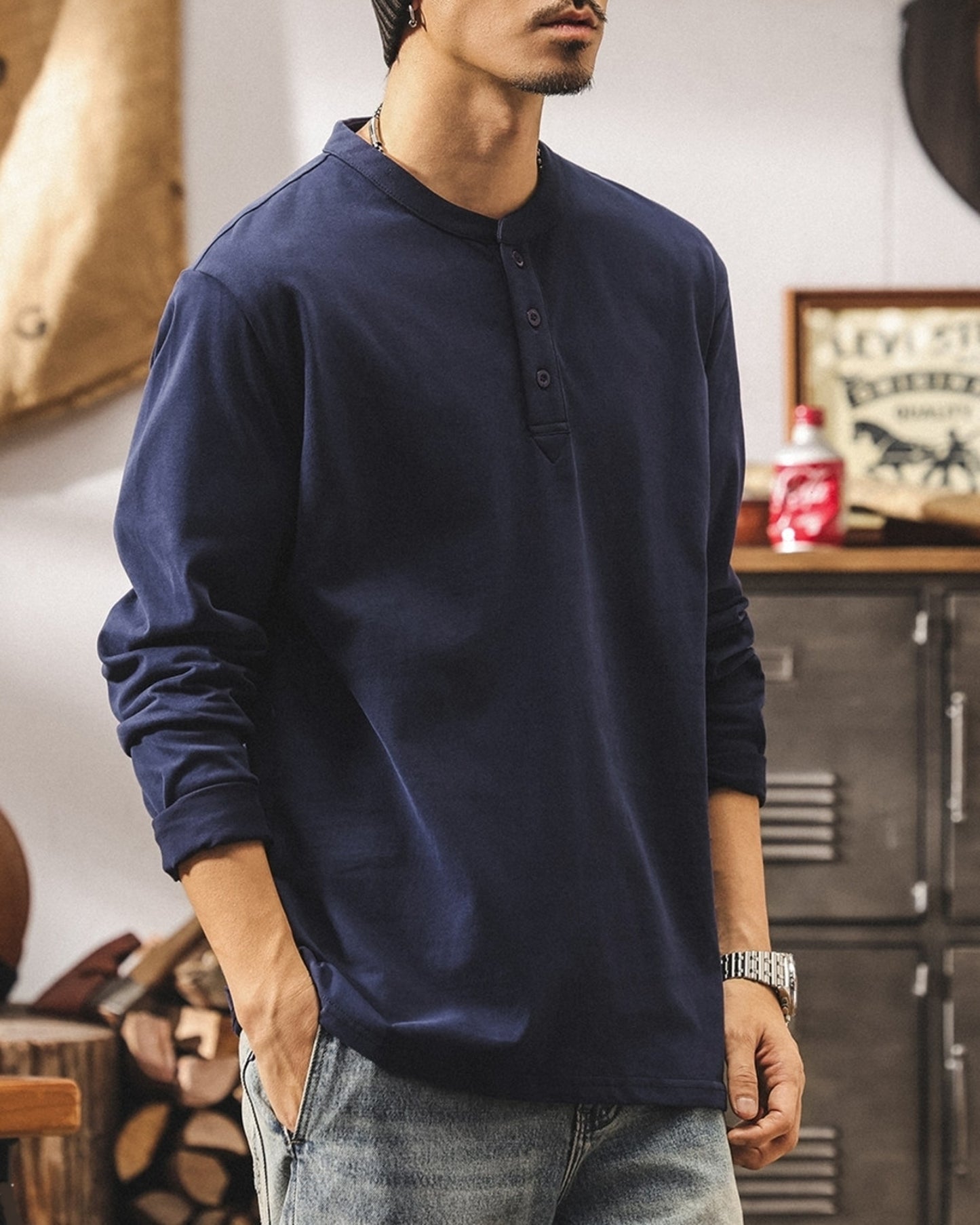 henley neck long sleeve t-shirt 5color 【ACT0244】