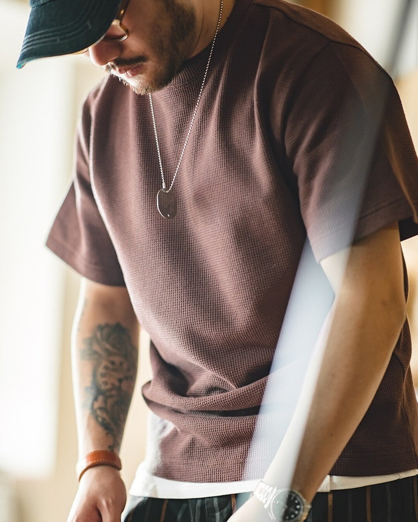 Waffle-Weave LayeredClassic Short-Sleeve T-Shirt 3color 【ACT0138】