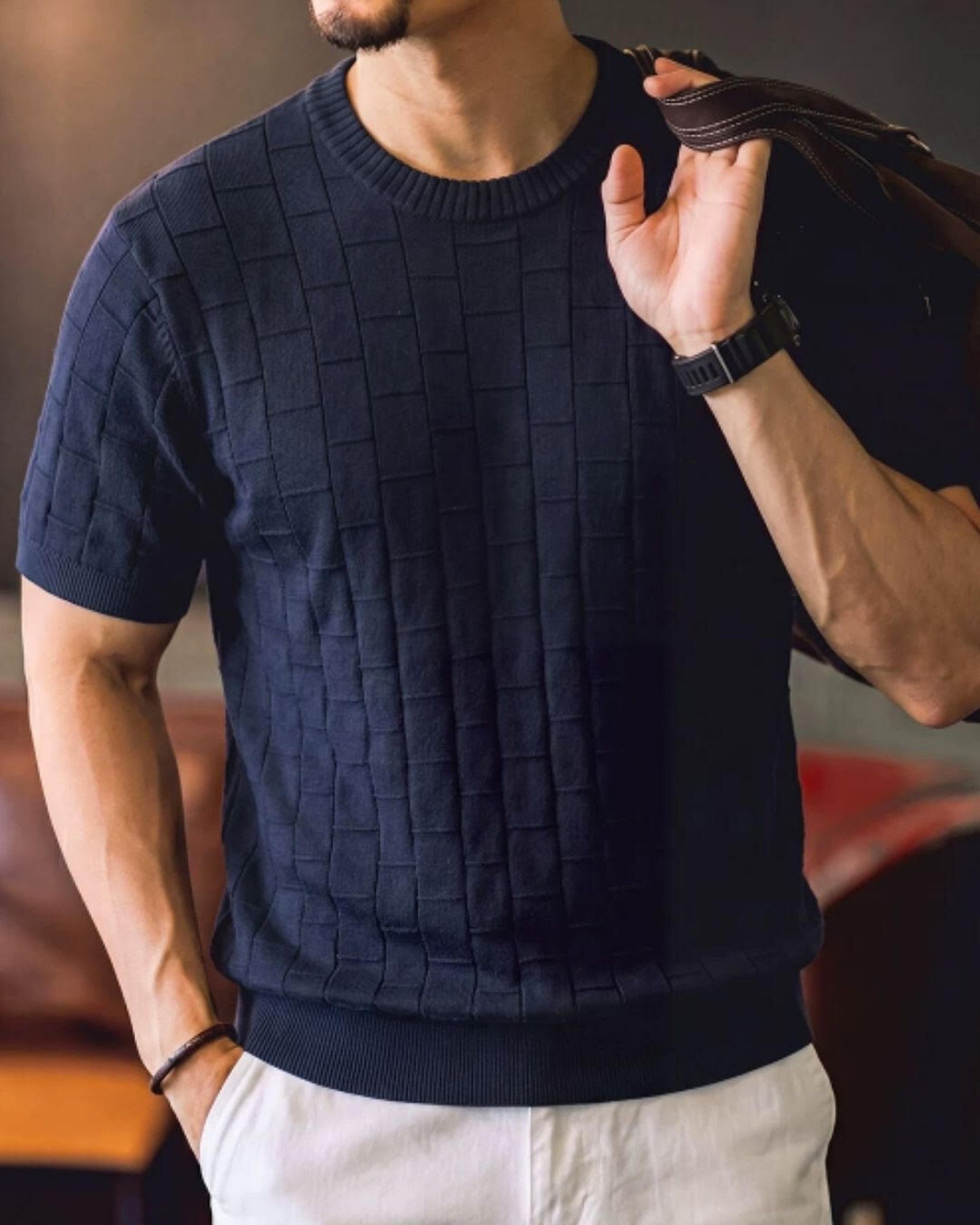 checked crew neck knit short sleeve shirt 2color 【ACT0044】
