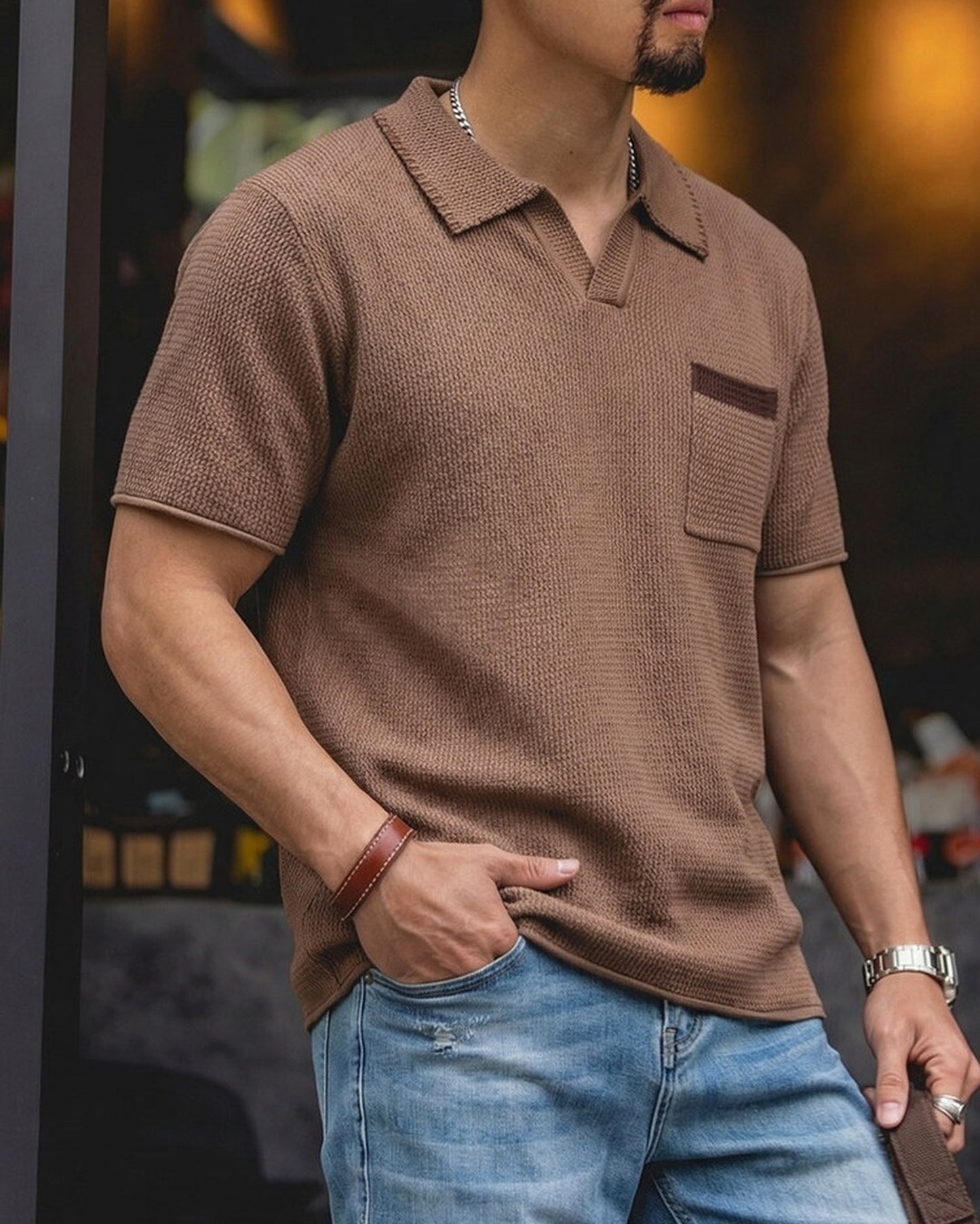 V-Neck Knit Pocket Loose Casual Short-Sleeve Polo Shirt 【ACT0133】