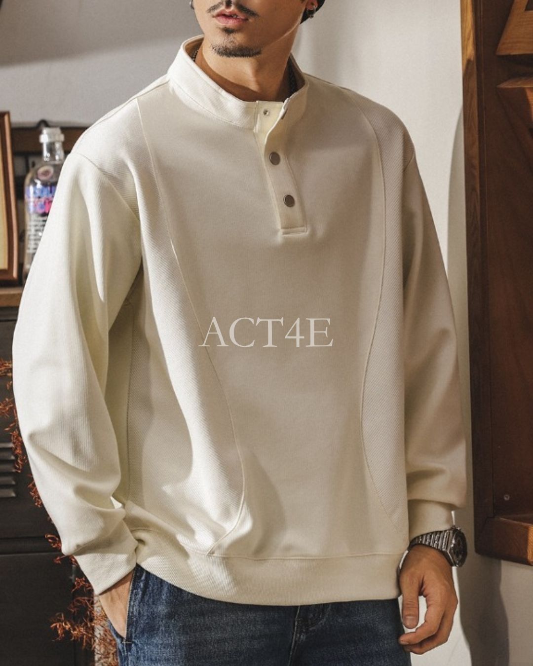 【M-4XL】henley neck vintage casual sweatshirt 【ACT0256】