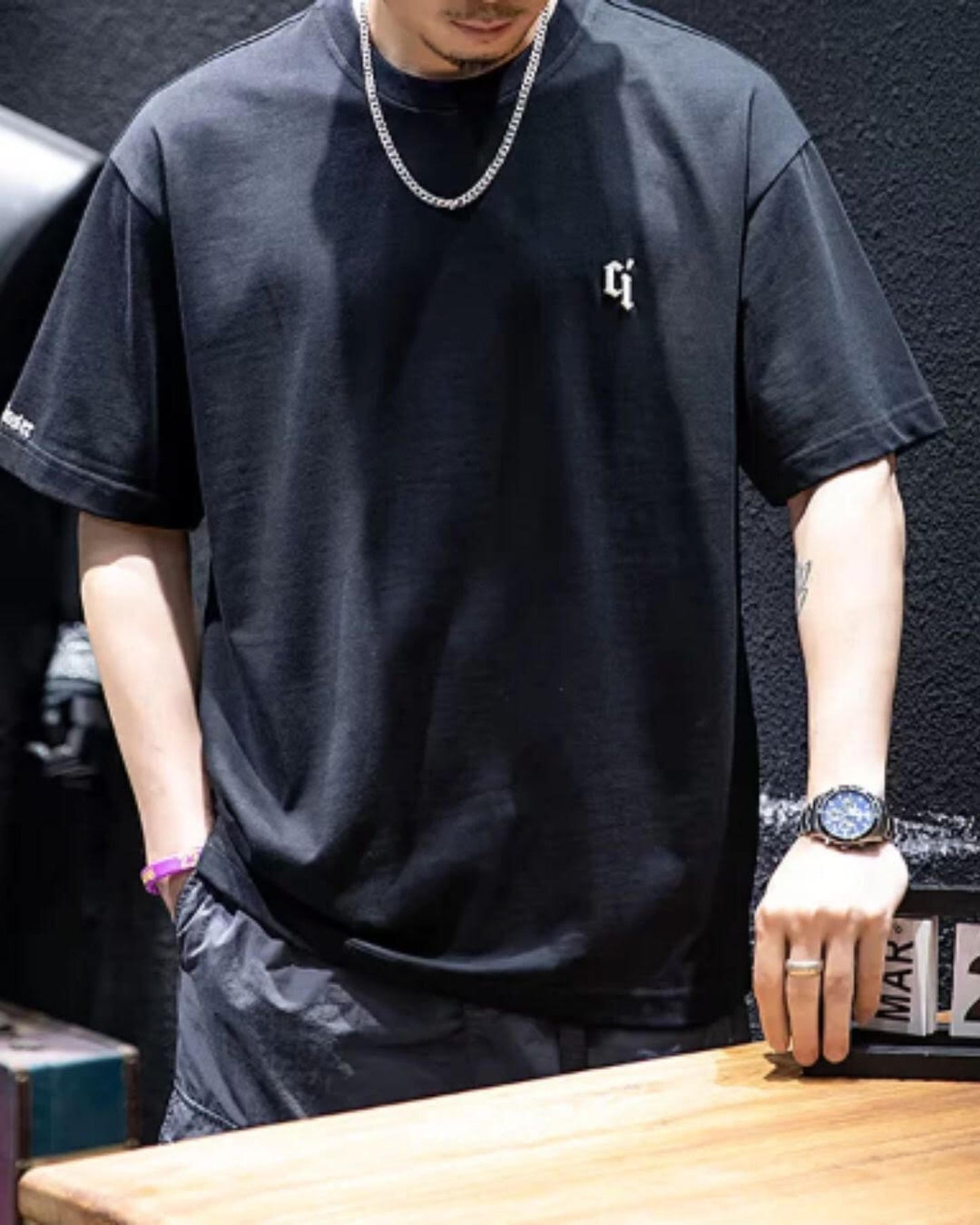 embroidered logo oversized t-shirt 4color 【ACT0028】