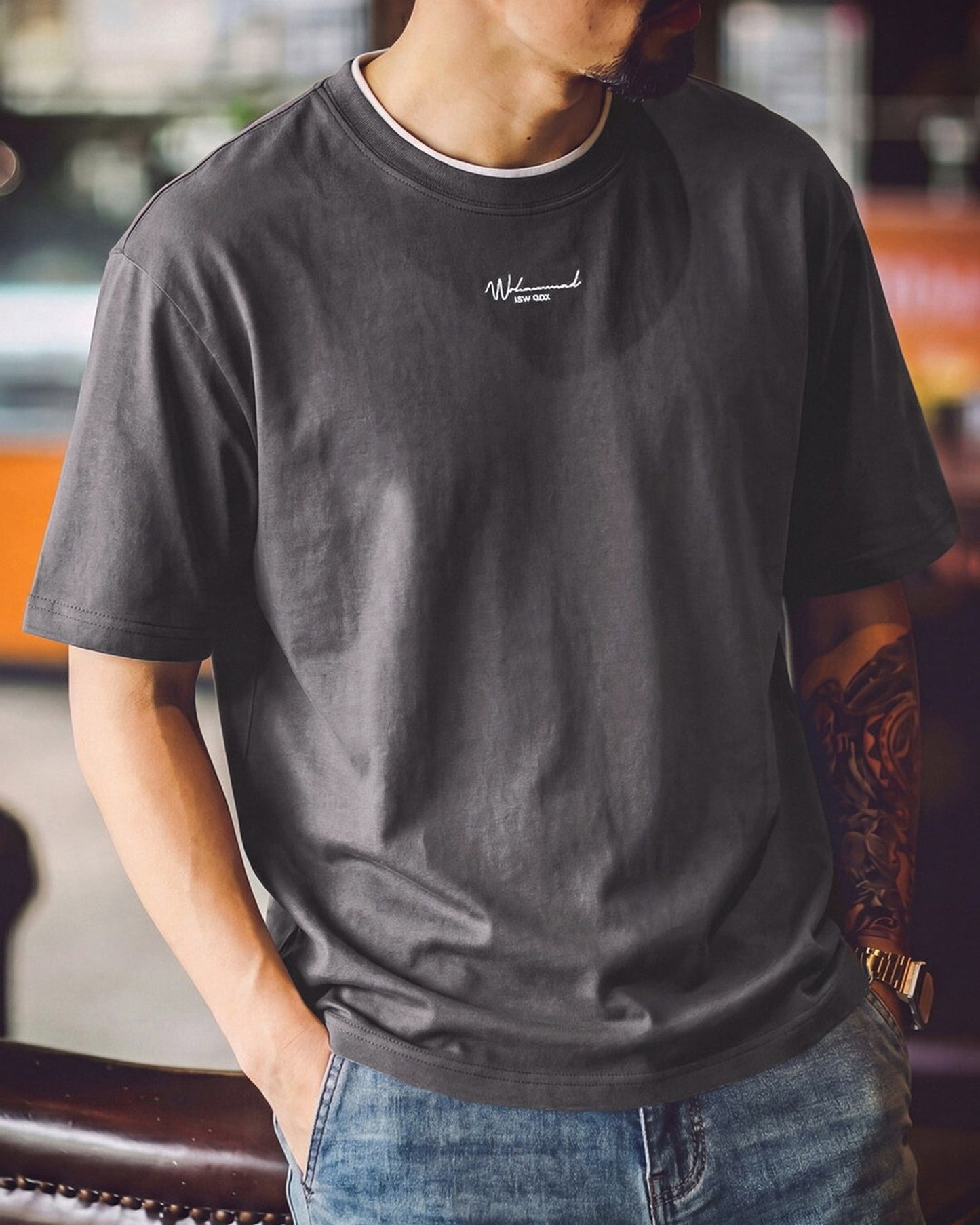 Minimalist Lettering-Embroidered Casual Relaxed T-Shirt 2color 【ACT0104】
