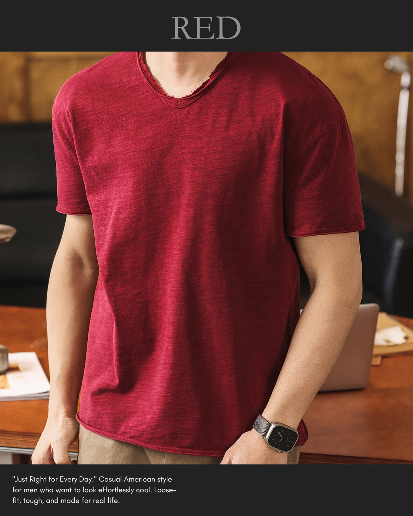 american retro slub cotton v-neck short sleeve t-shirt 7color 【ACT0160】