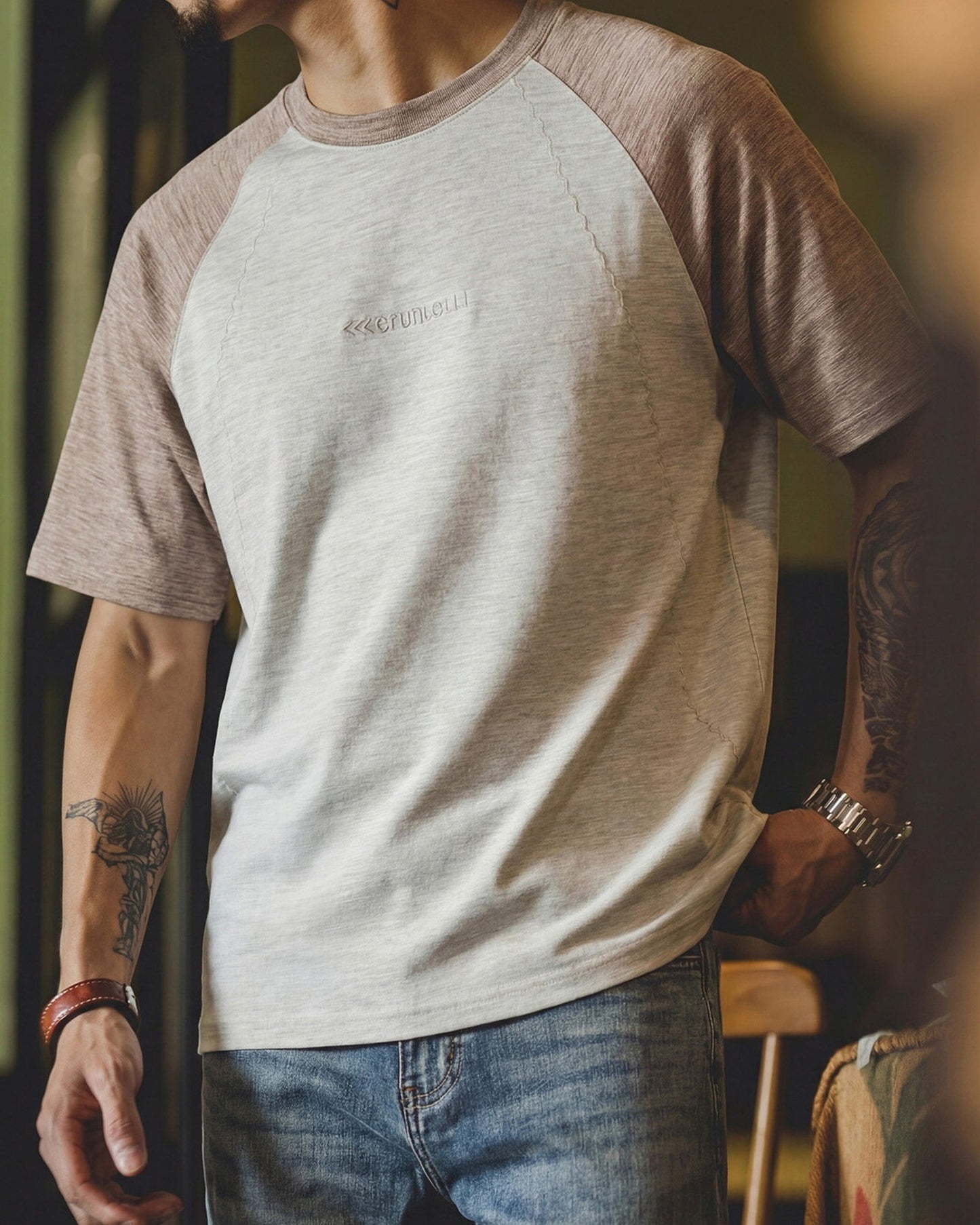 Contrast Stitch Relaxed Fit Raglan Sleeve T-Shirt 【ACT0116】