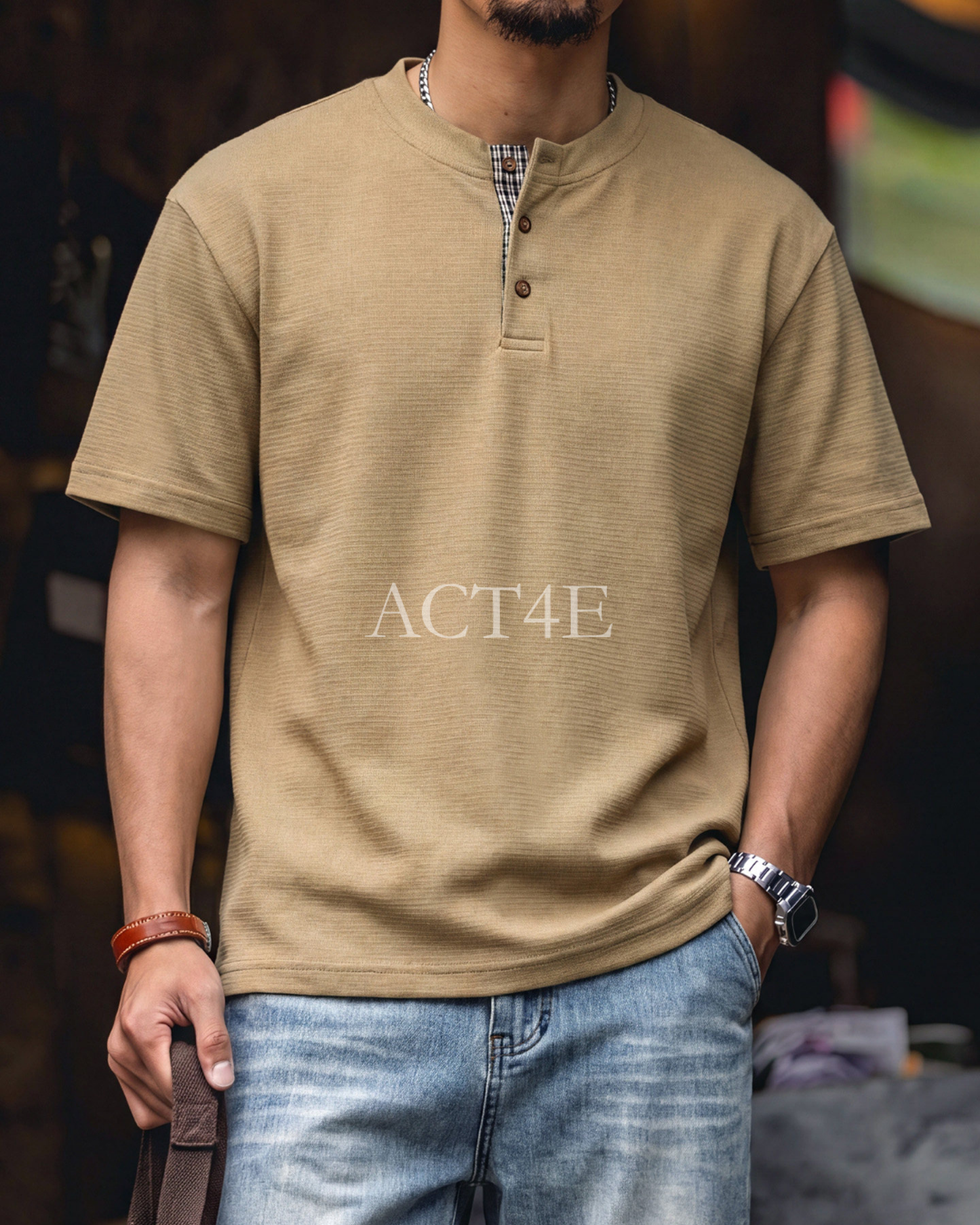Waffle Relaxed Plaid-Trimmed Henley Neck T-Shirt 2color 【ACT0107】