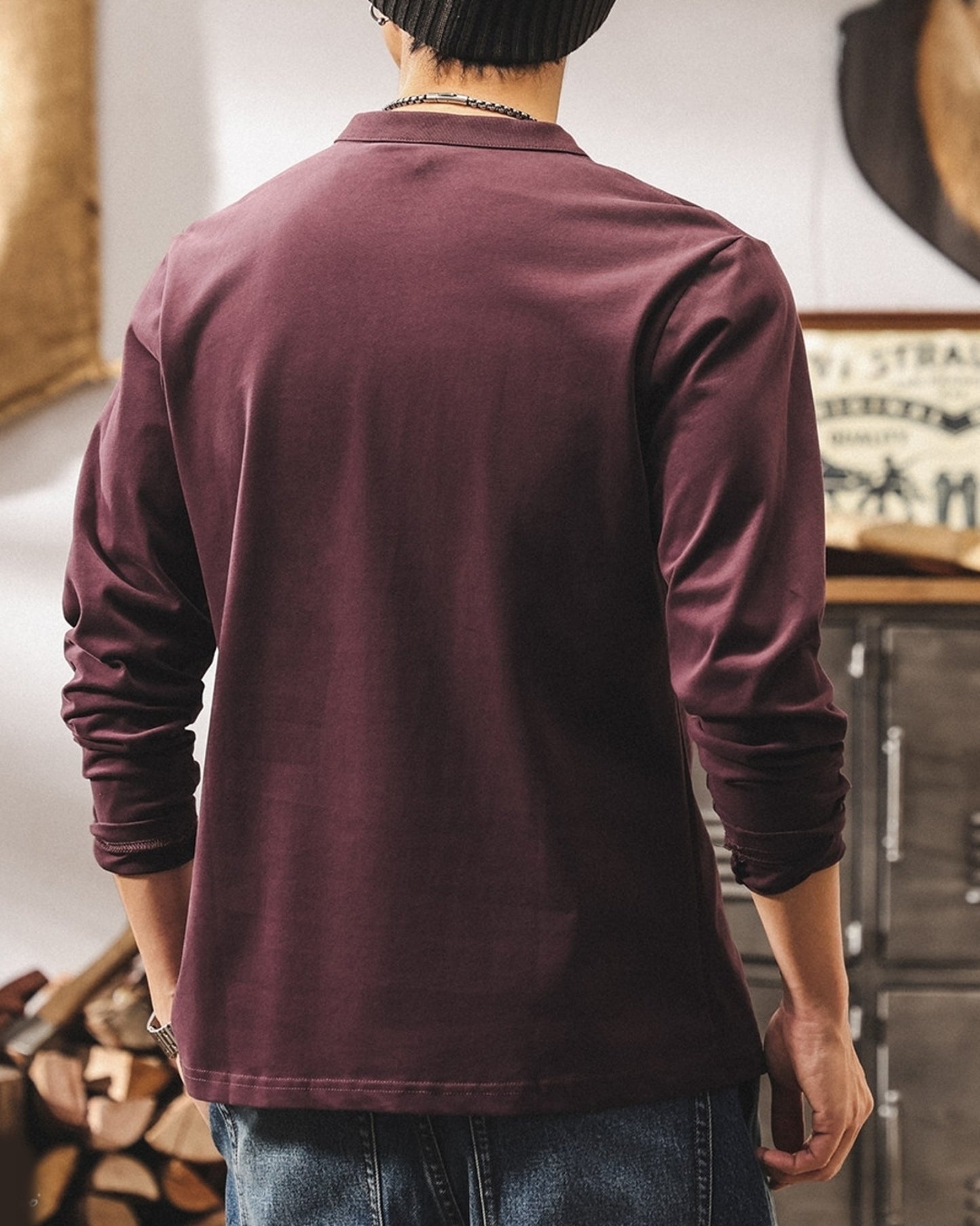 henley neck long sleeve t-shirt 5color 【ACT0244】