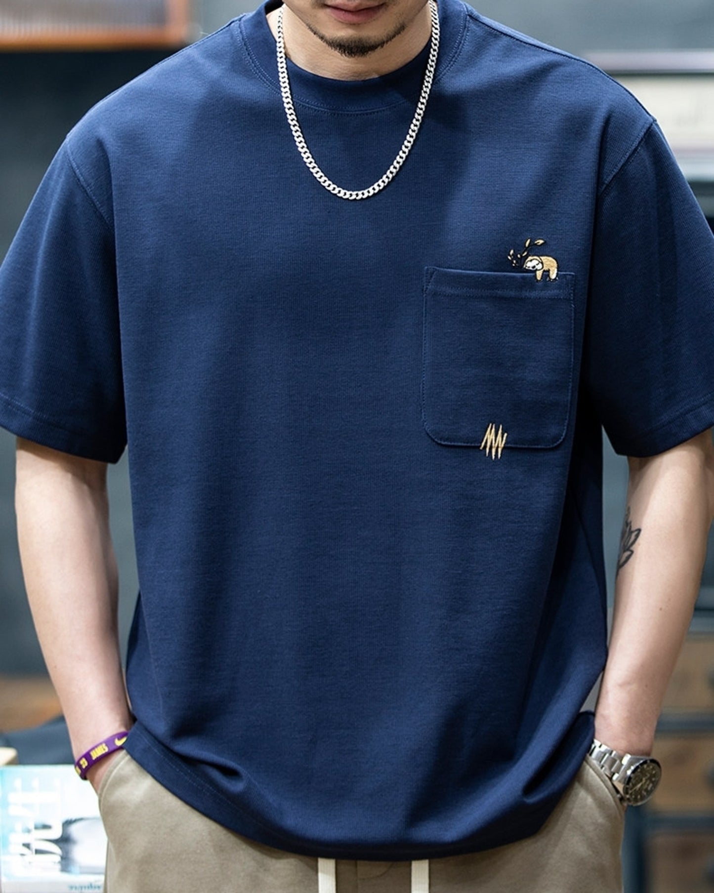 sloth embroidered pocket short sleeve t-shirt 2color 【ACT0159】