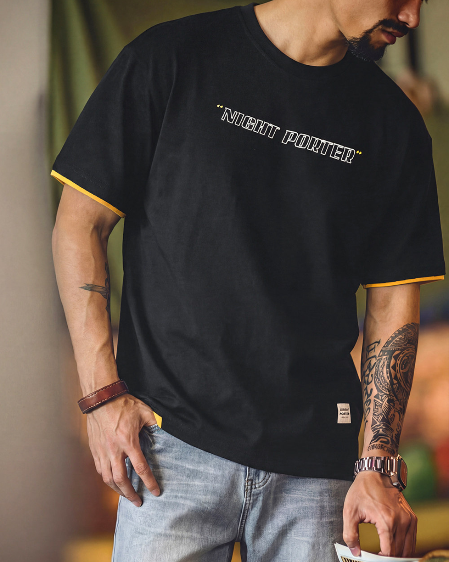 Fake-layered lettered print crew-neck t-shirt 3color 【ACT0053】