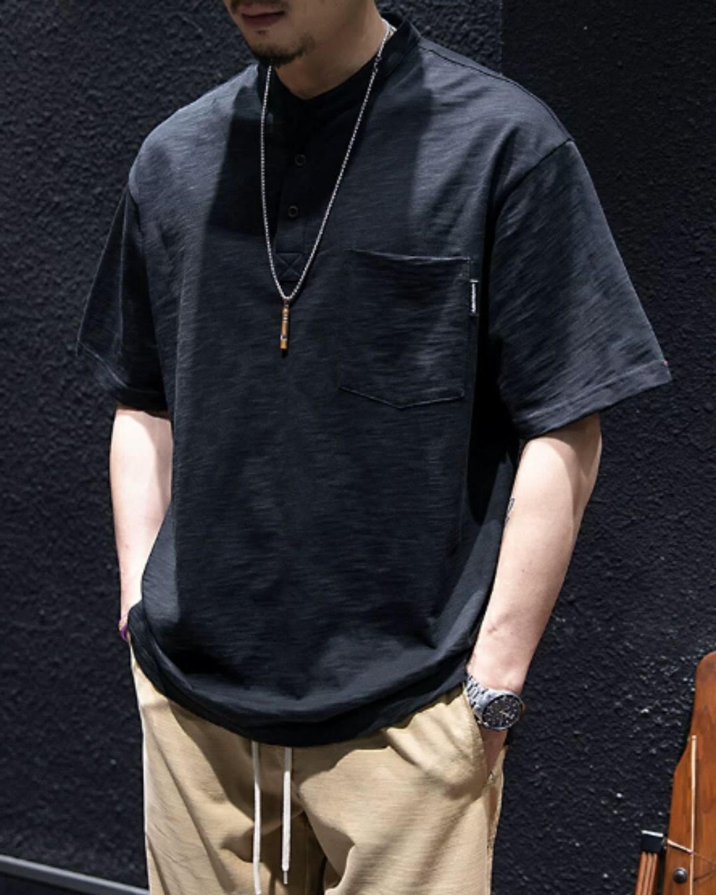 button front patch pocket short sleeve t-shirt 2color 【ACT0048】