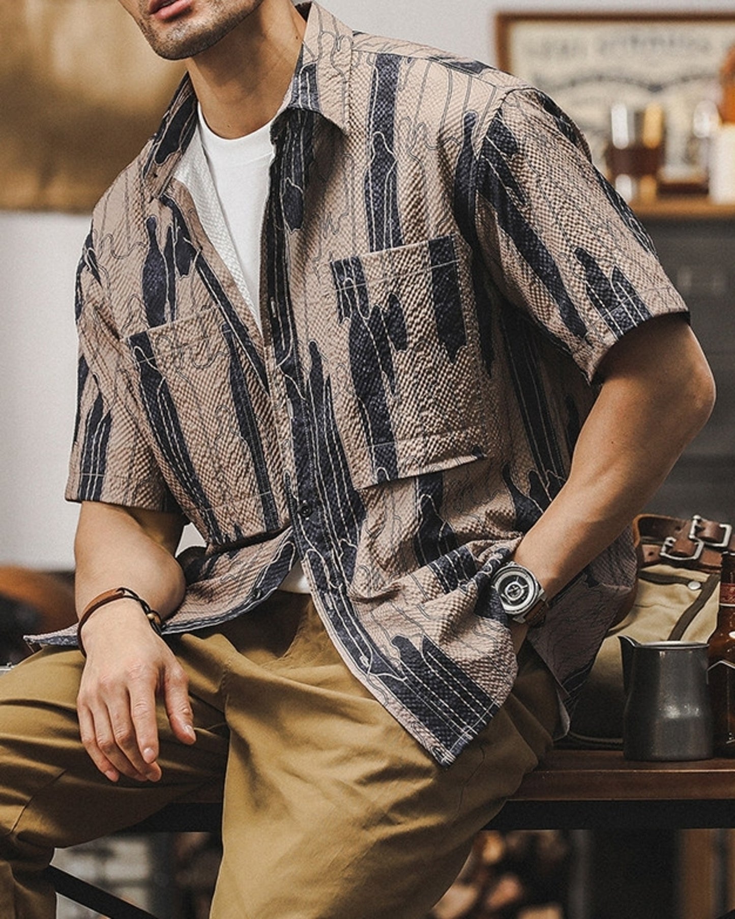 vintage pattern loose short sleeve work shirt 2color 【ACT0227】