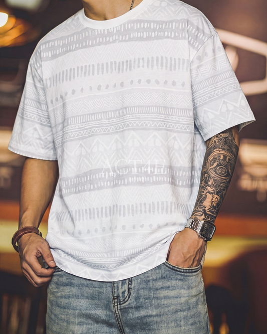 Native-Pattern Vintage Geometric Relaxed T-Shirt 2color 【ACT0103】