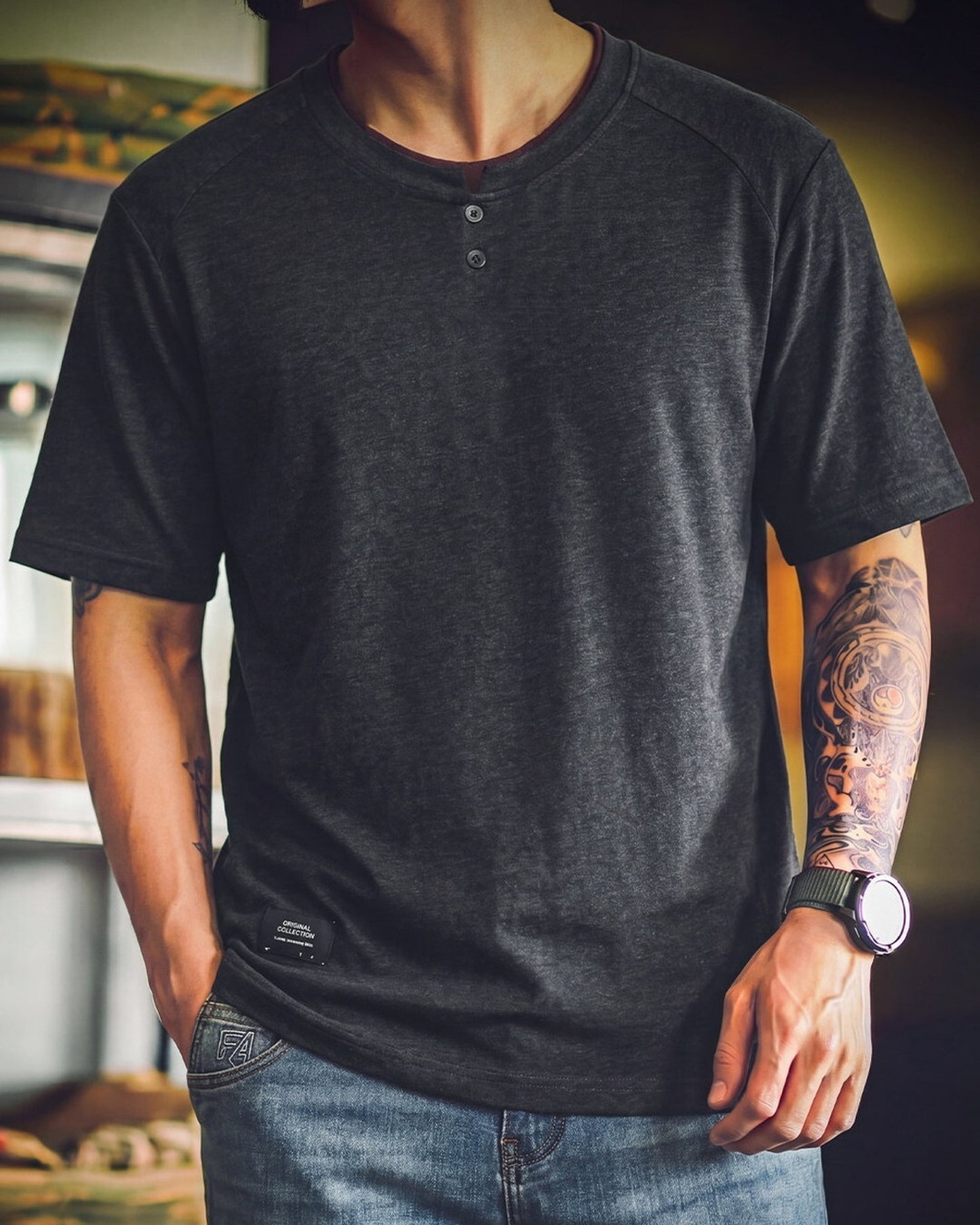 Vintage Raglan-Sleeve Heavyweight Cotton Henley T-Shirt 【ACT0102】